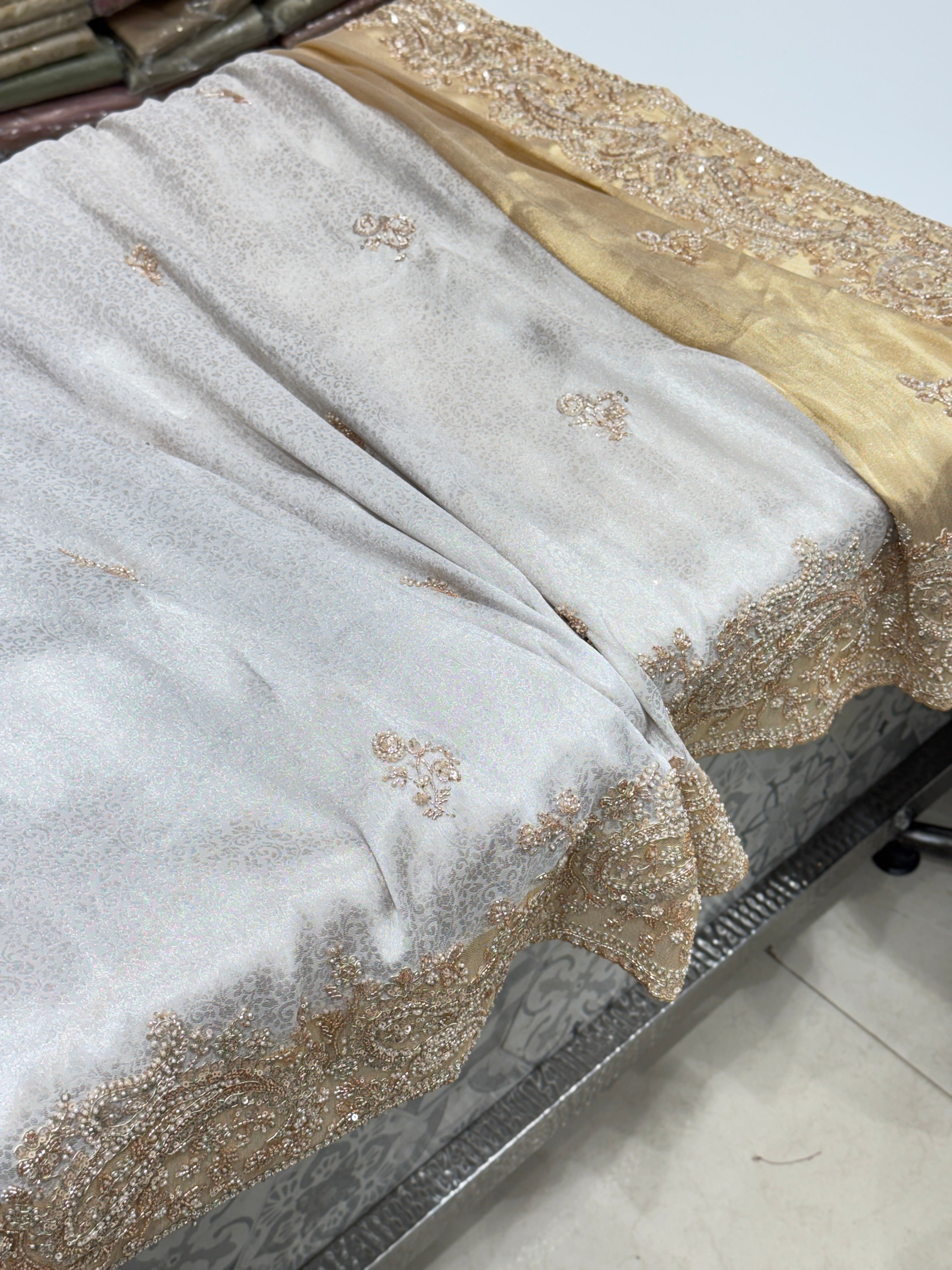 Silver Gold Floral Weave Soft Silk Moti Crystal Embroidery Saree