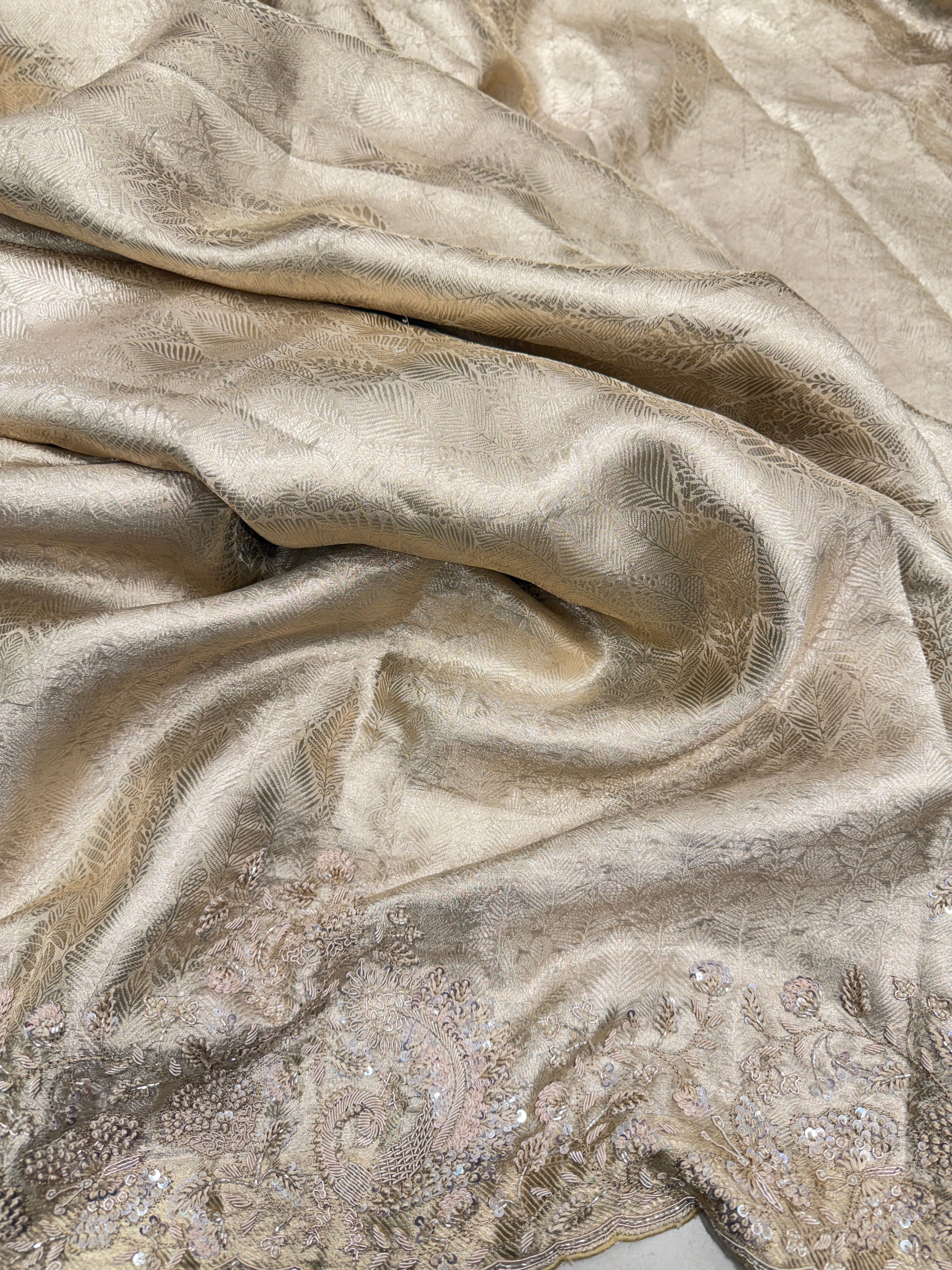 Light Gold Tissue Kanjivaram Zardosi Hand Embroidery Saree