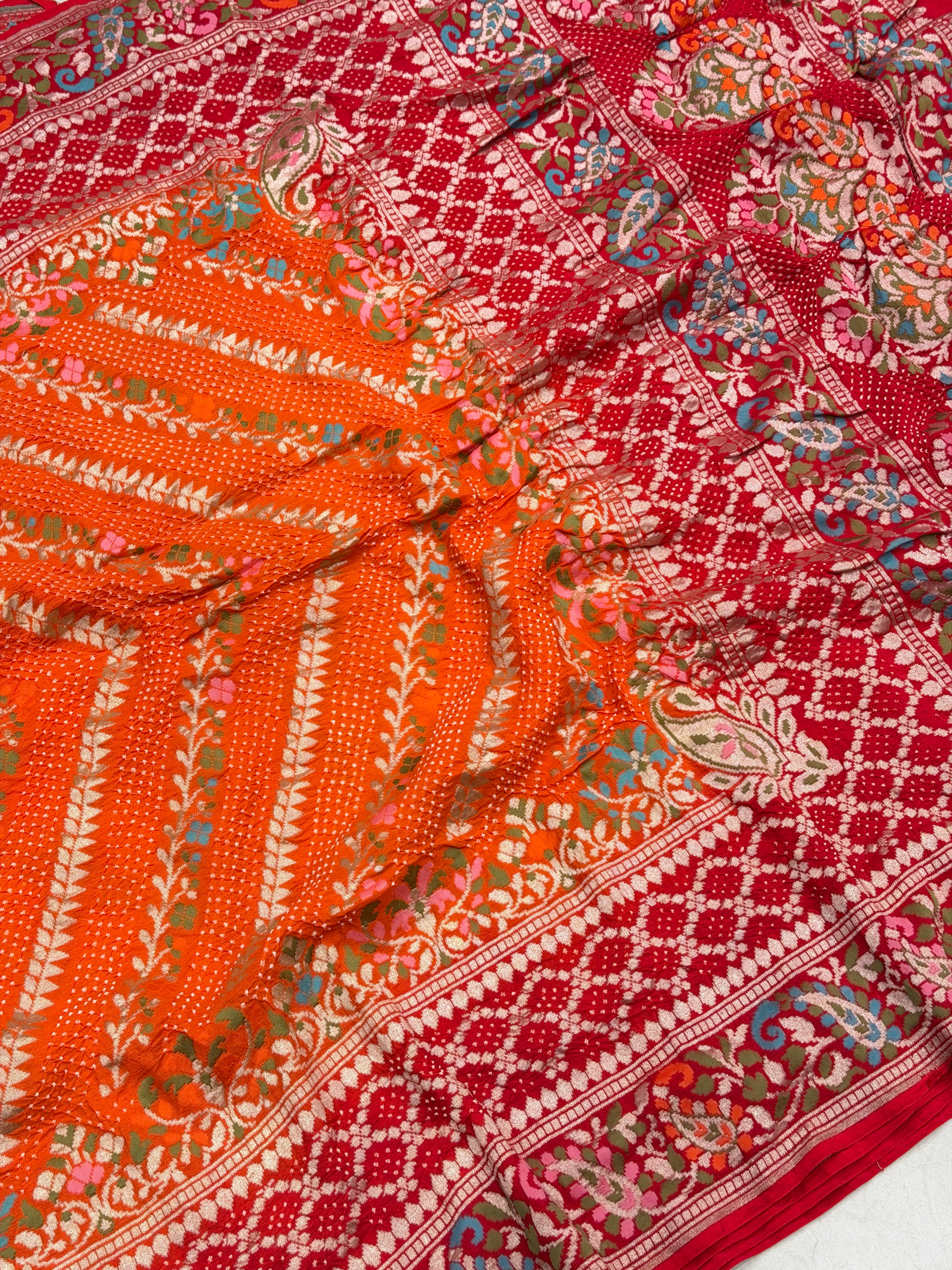 Orange Red Shaded Pashmina Style Double Border Meenakari Rai Bandhej Georgette Saree