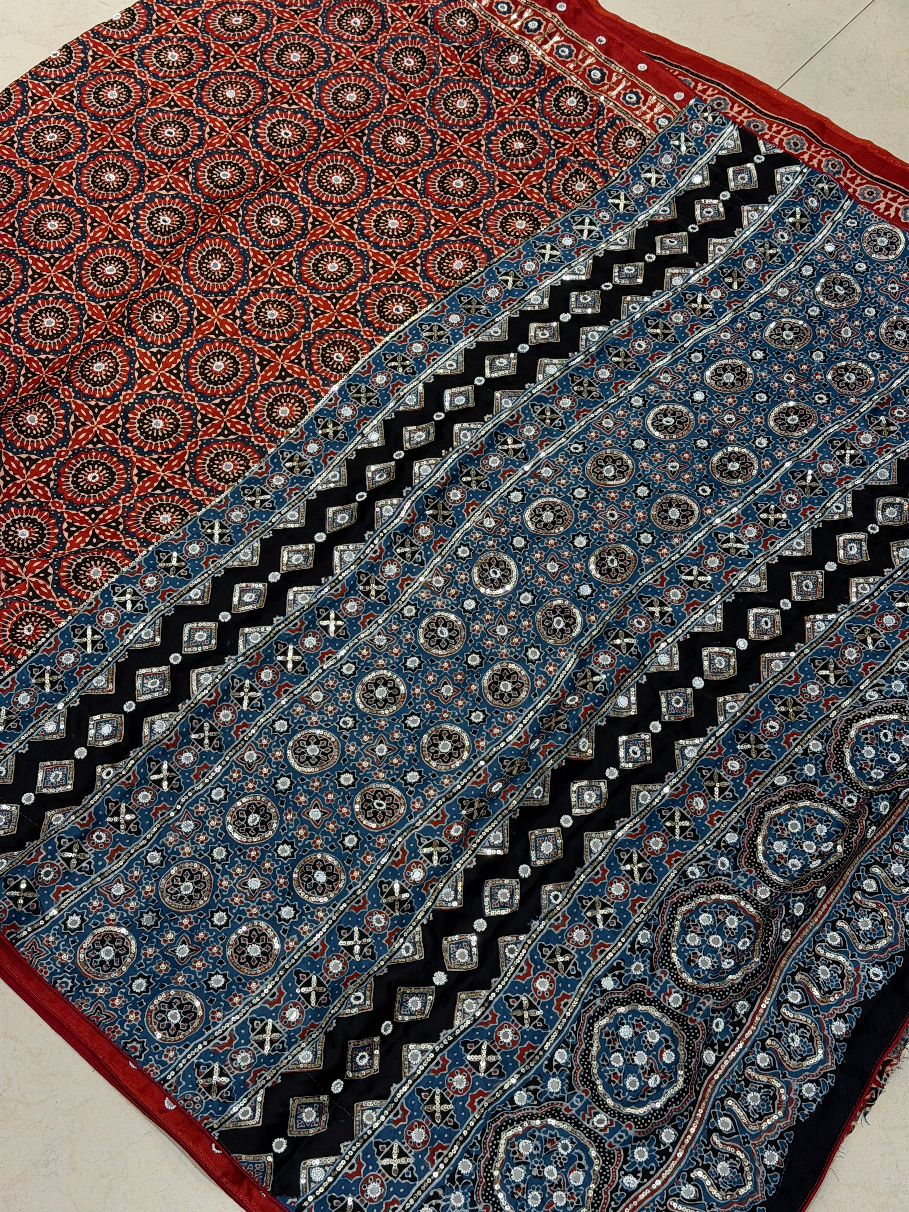 Red Blue Ajrakh Jaal Real Mirror Moti Sequin Hand Embroidery Saree
