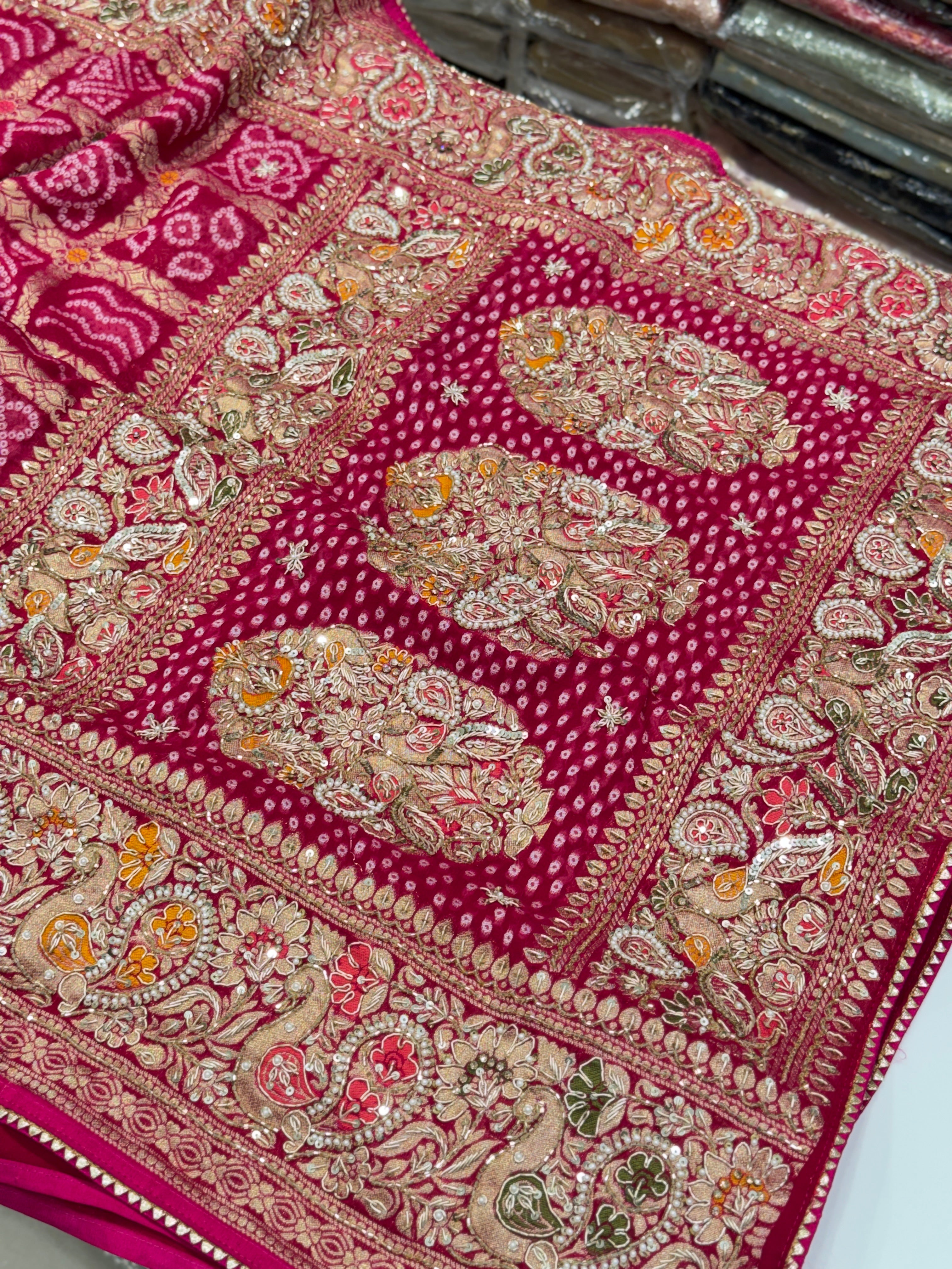 Rani Gharchola Zardosi Hand Embroidery Saree Georgette