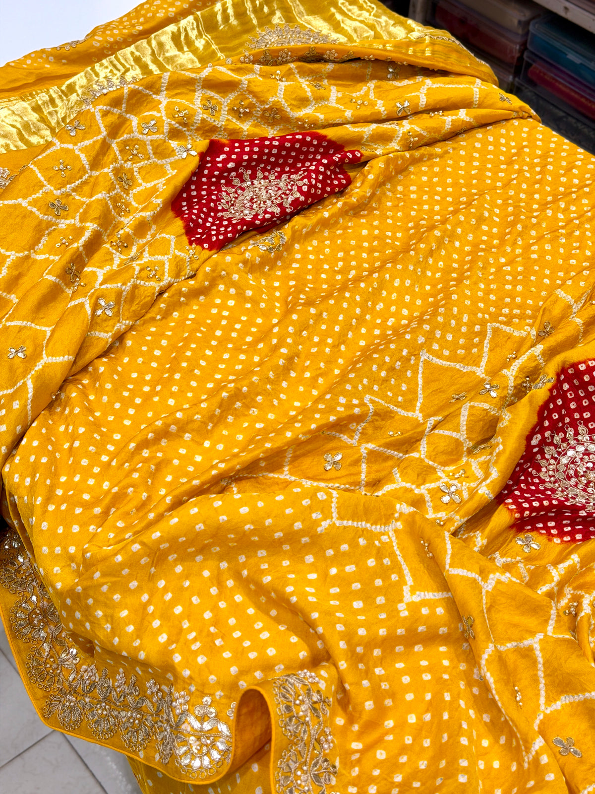 Yellow Jaal Faabiiana Inspired Gajji Silk Rai Bandhej Gotapatti Marodi Hand Embroidery Saree