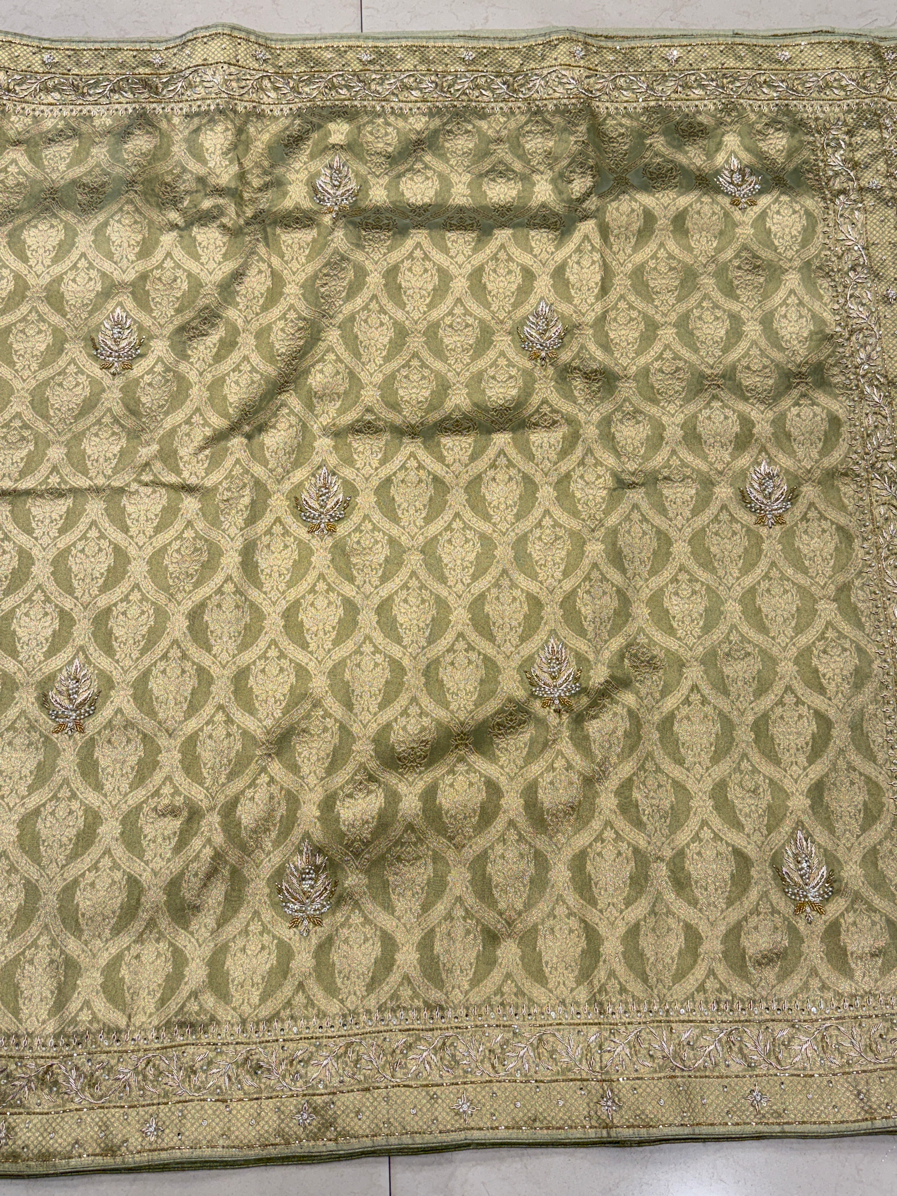 Pista Green Crown Jaal Banarasi Zardosi Embroidery Saree
