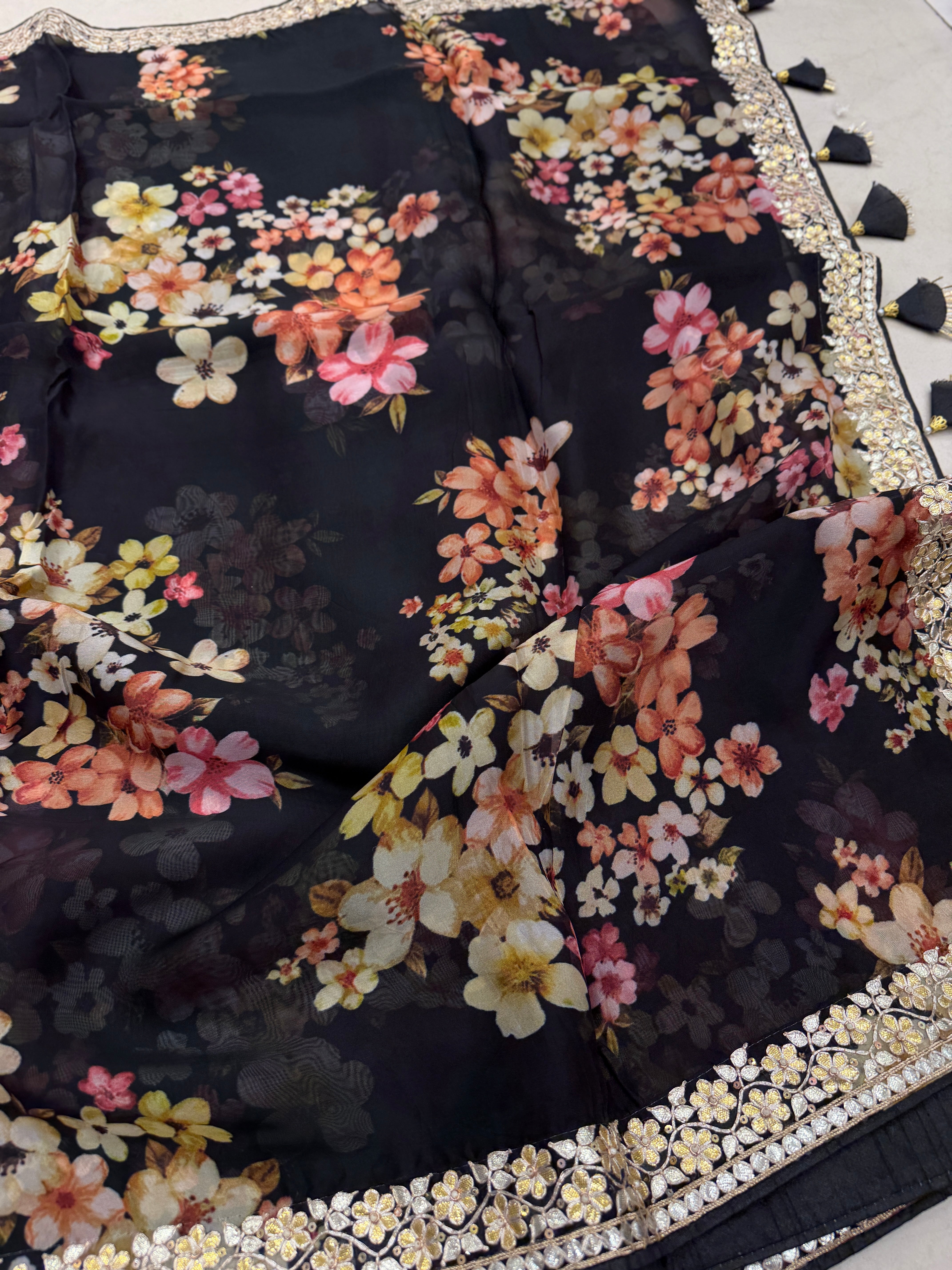 Black Soft Organza Printed Hand Embroidery Gotapatti Pita Embroidery Saree