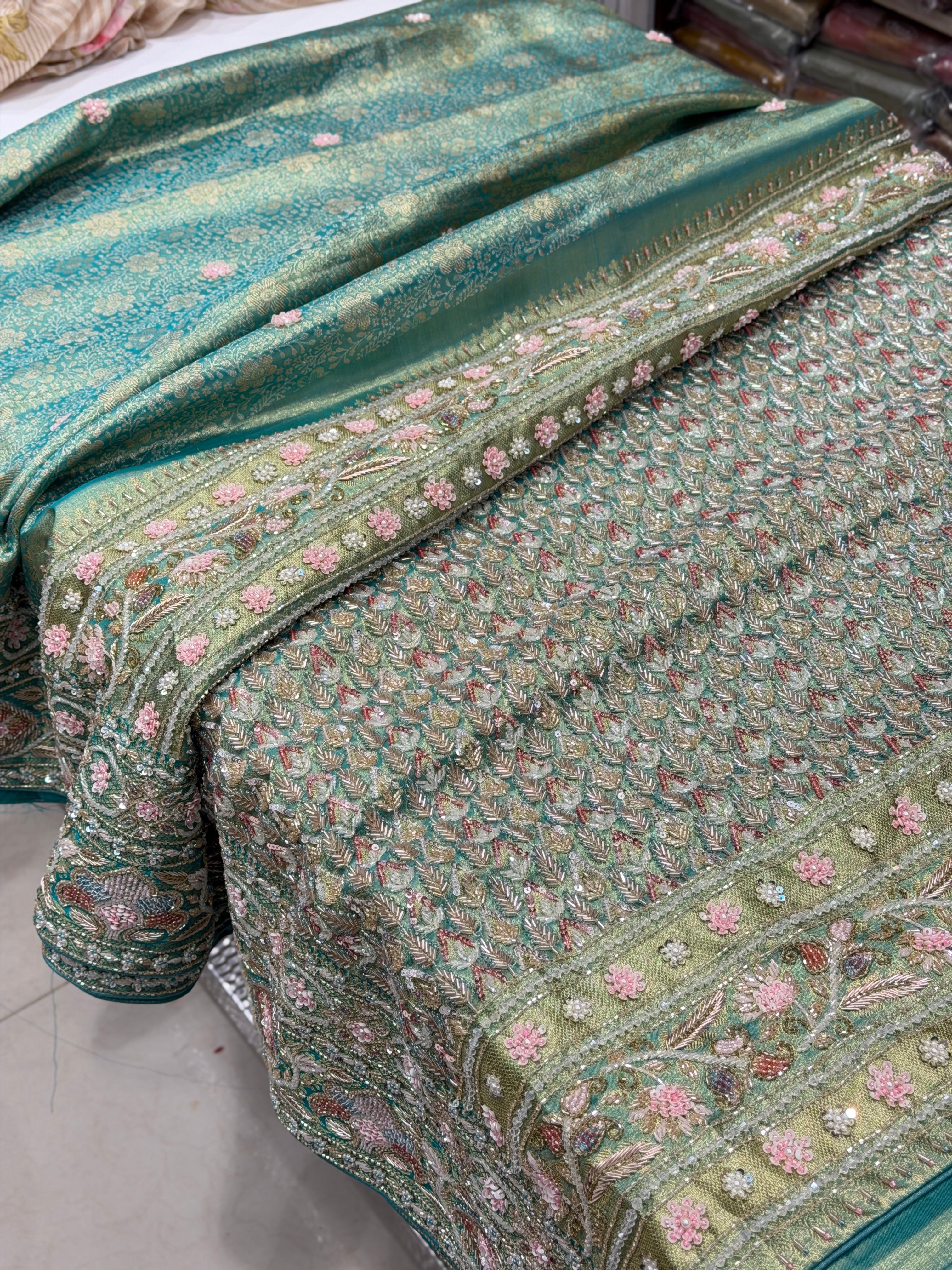 Pista Green Floral Tissue Kanjivaram Hand Embroidery Saree
