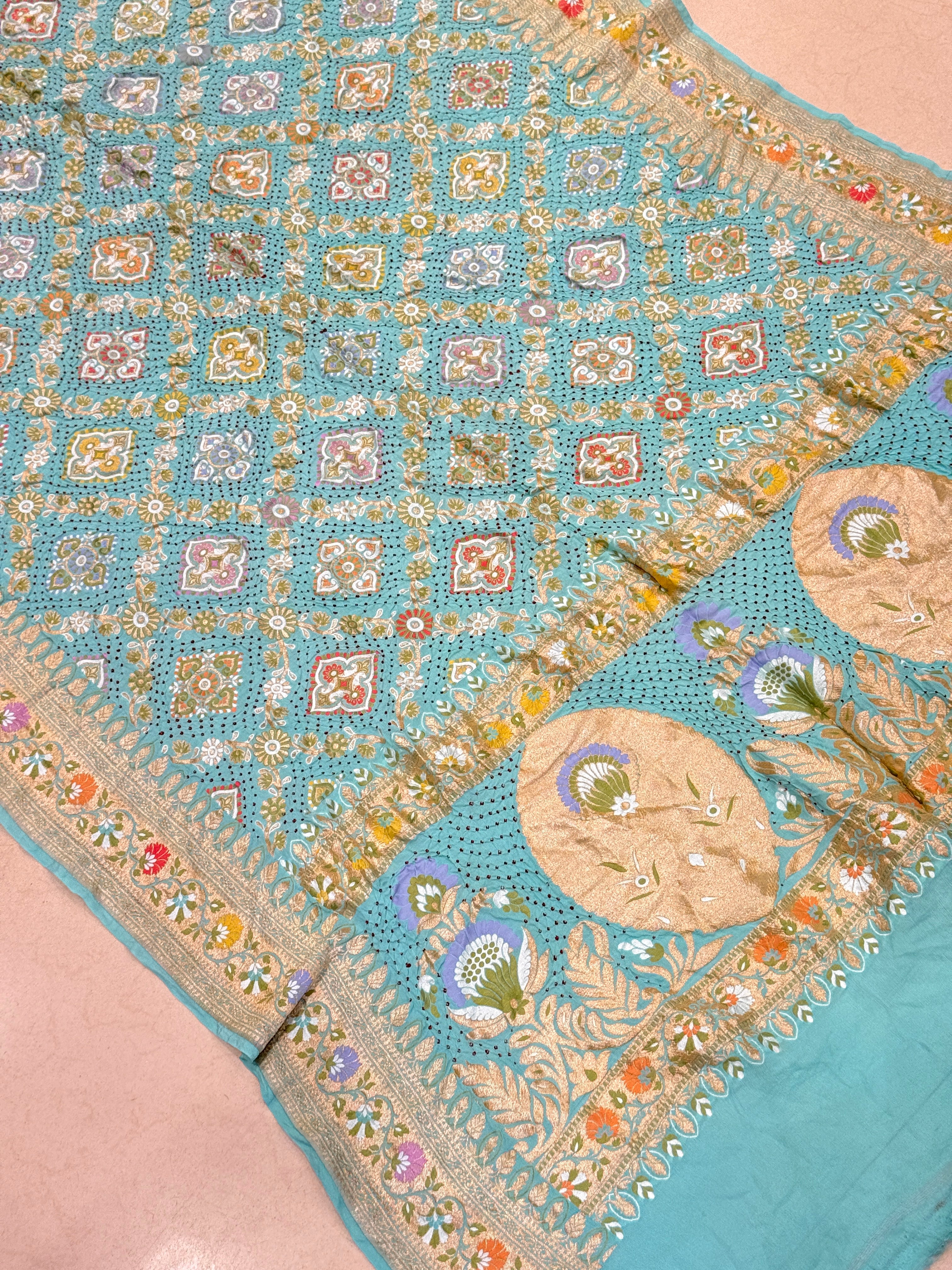 Pastel Turquoise Meenakari Handloom Bandhej Georgette Dupatta