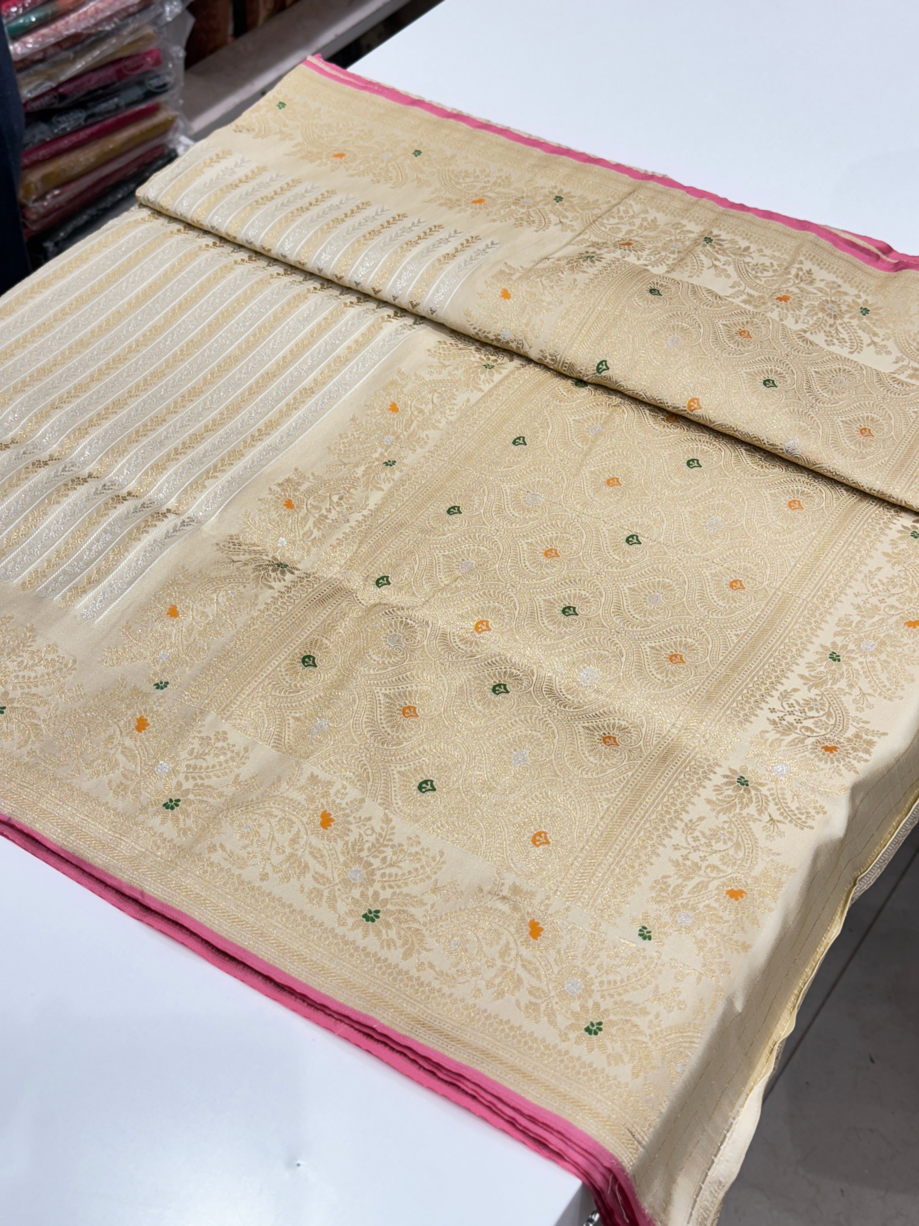 Beige Banarasi Lines Weave Saree