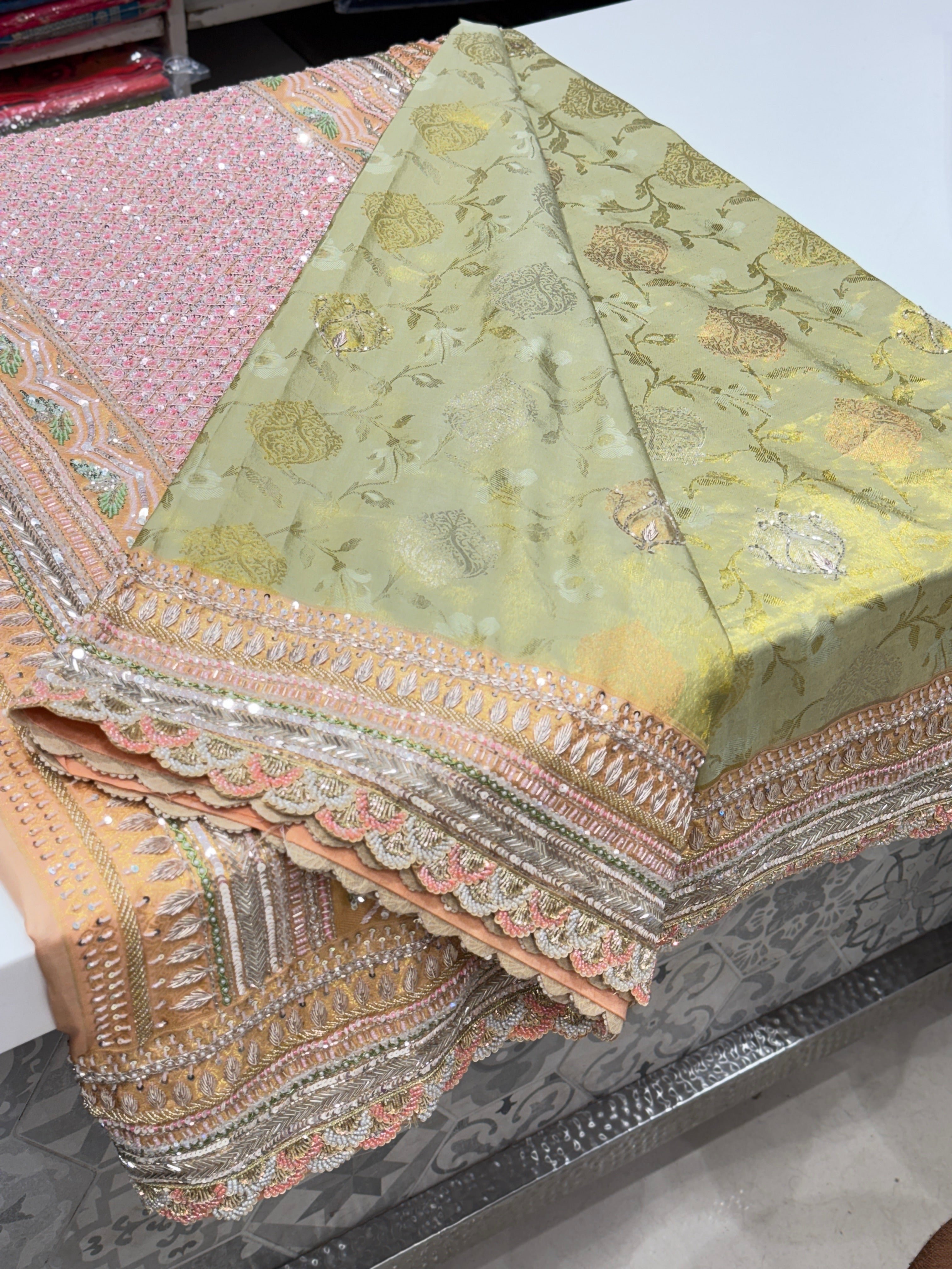 Green Peach Woven Kanjivaram Zardosi Hand Embroidery Saree