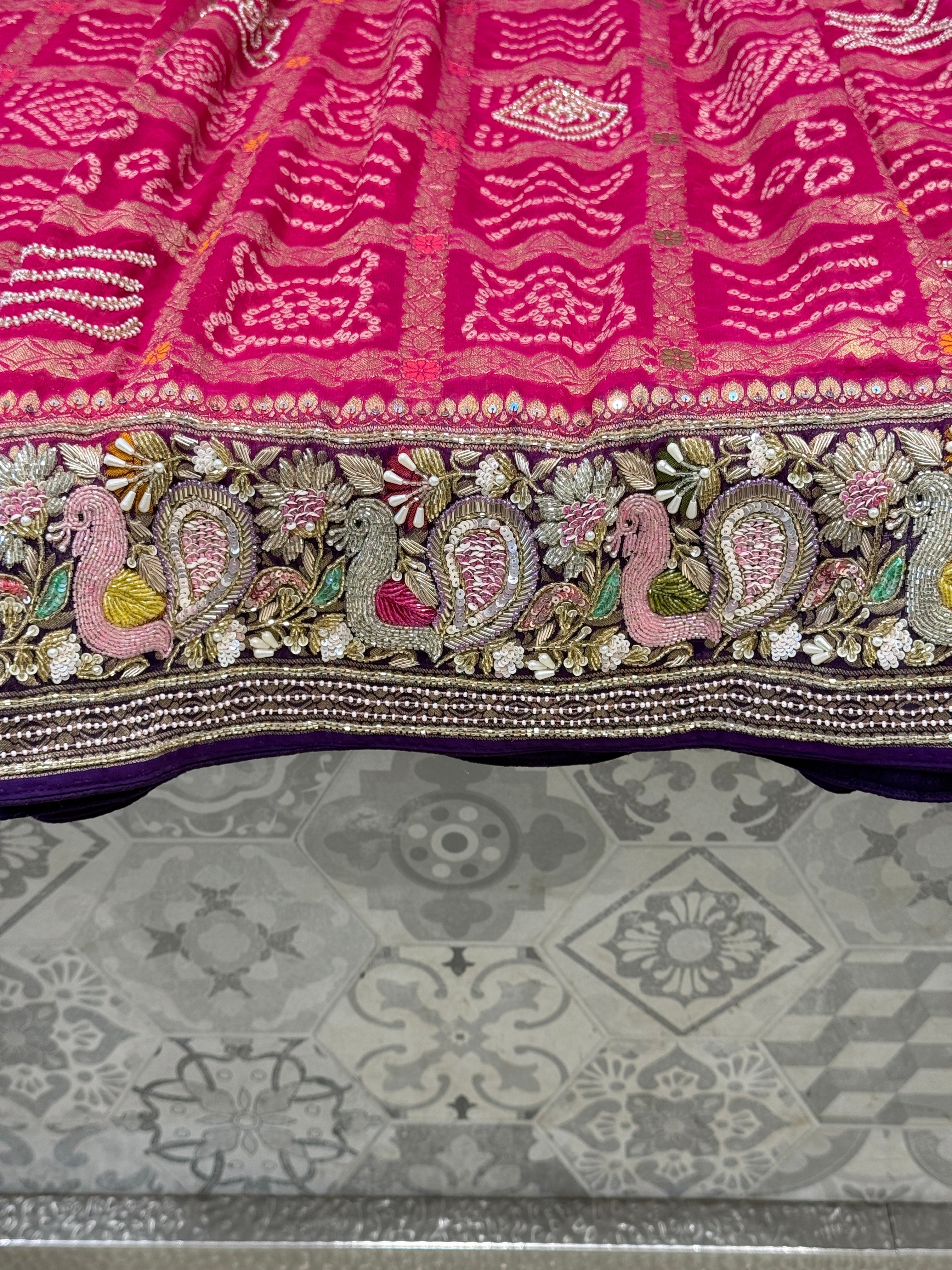 Rani Purple Gharchola Moti Sequin Zardosi Hand Embroidery Georgette Saree