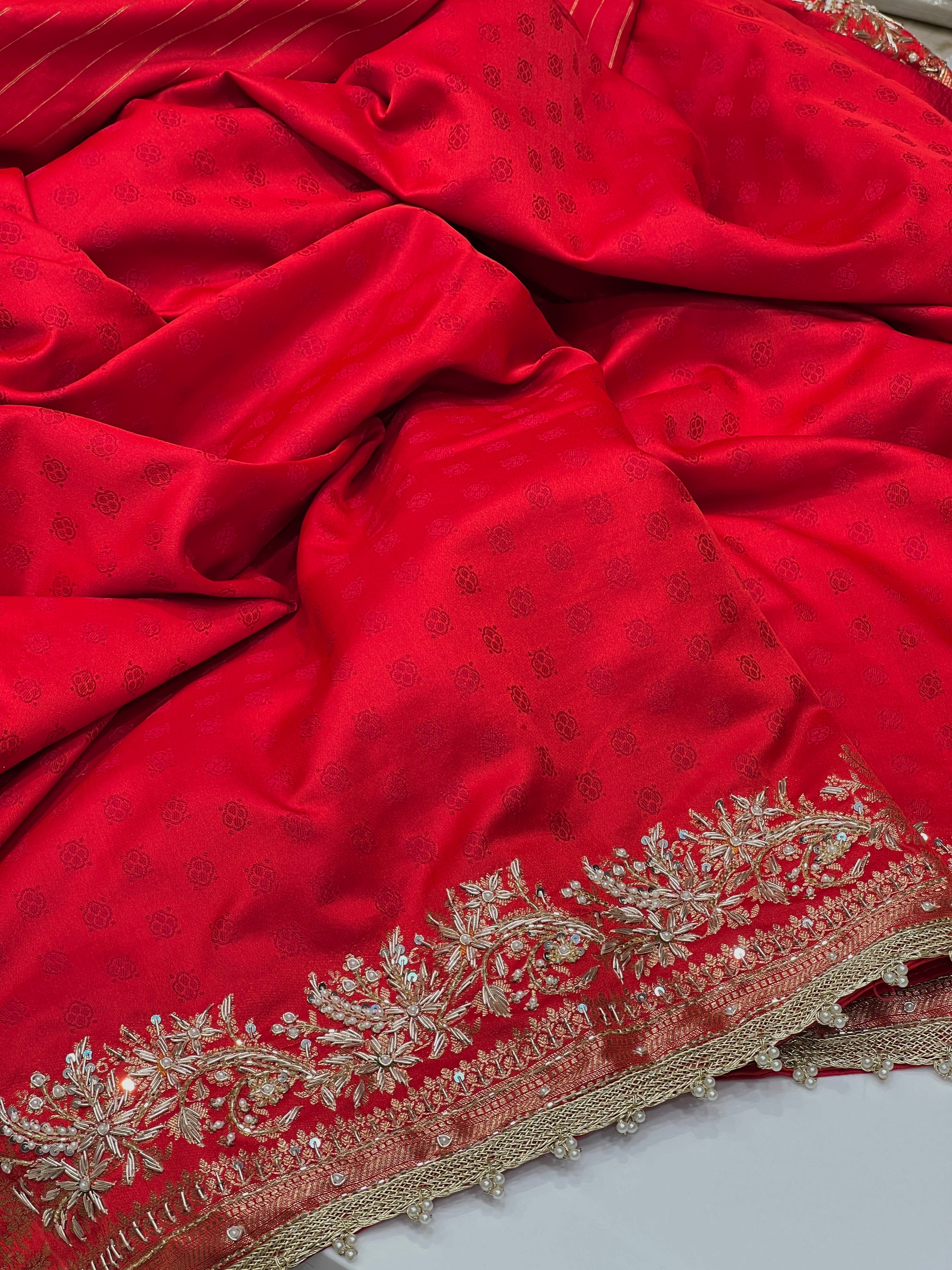 Red Banarasi Line Weave Hand Embroidery Saree