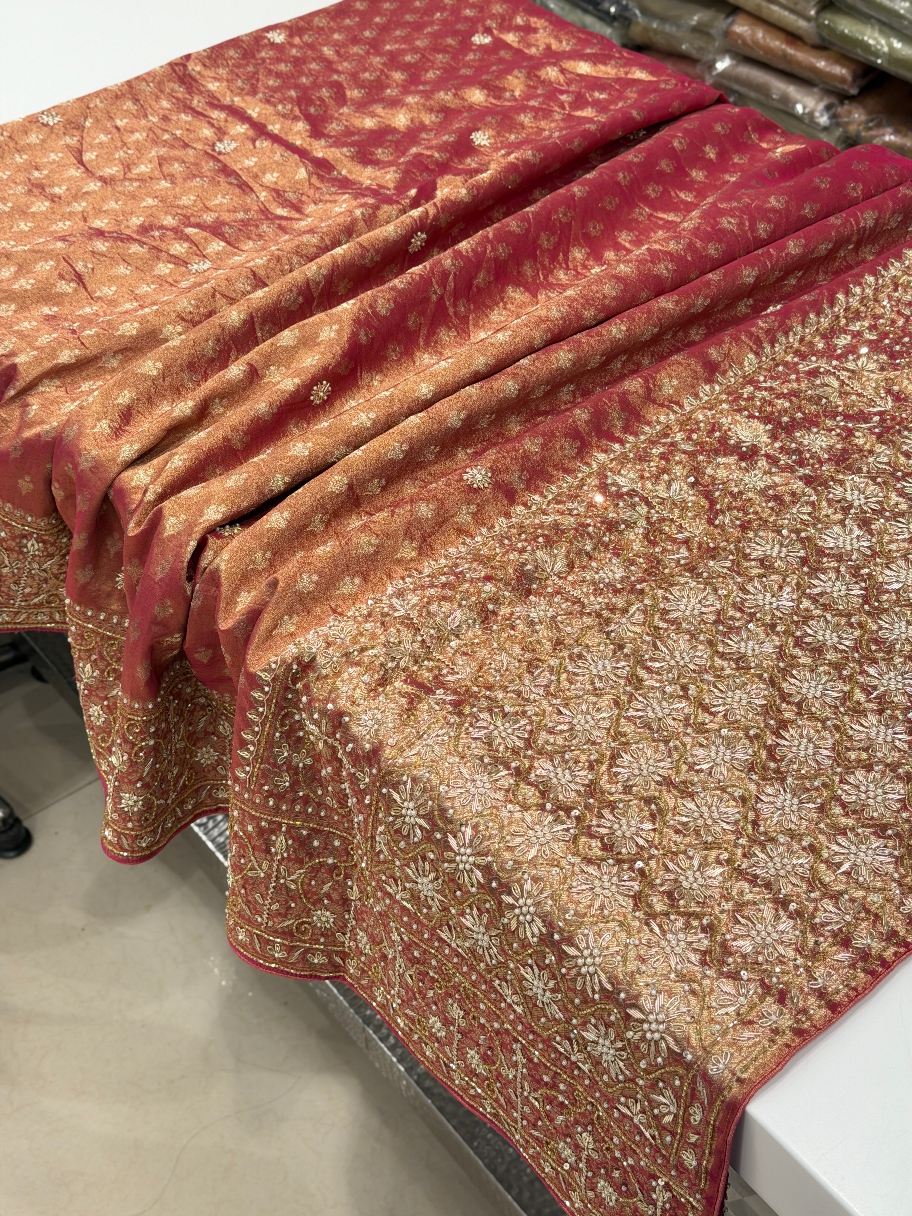 Red Tissue Banarasi Buttis Zardosi Embroidery Saree