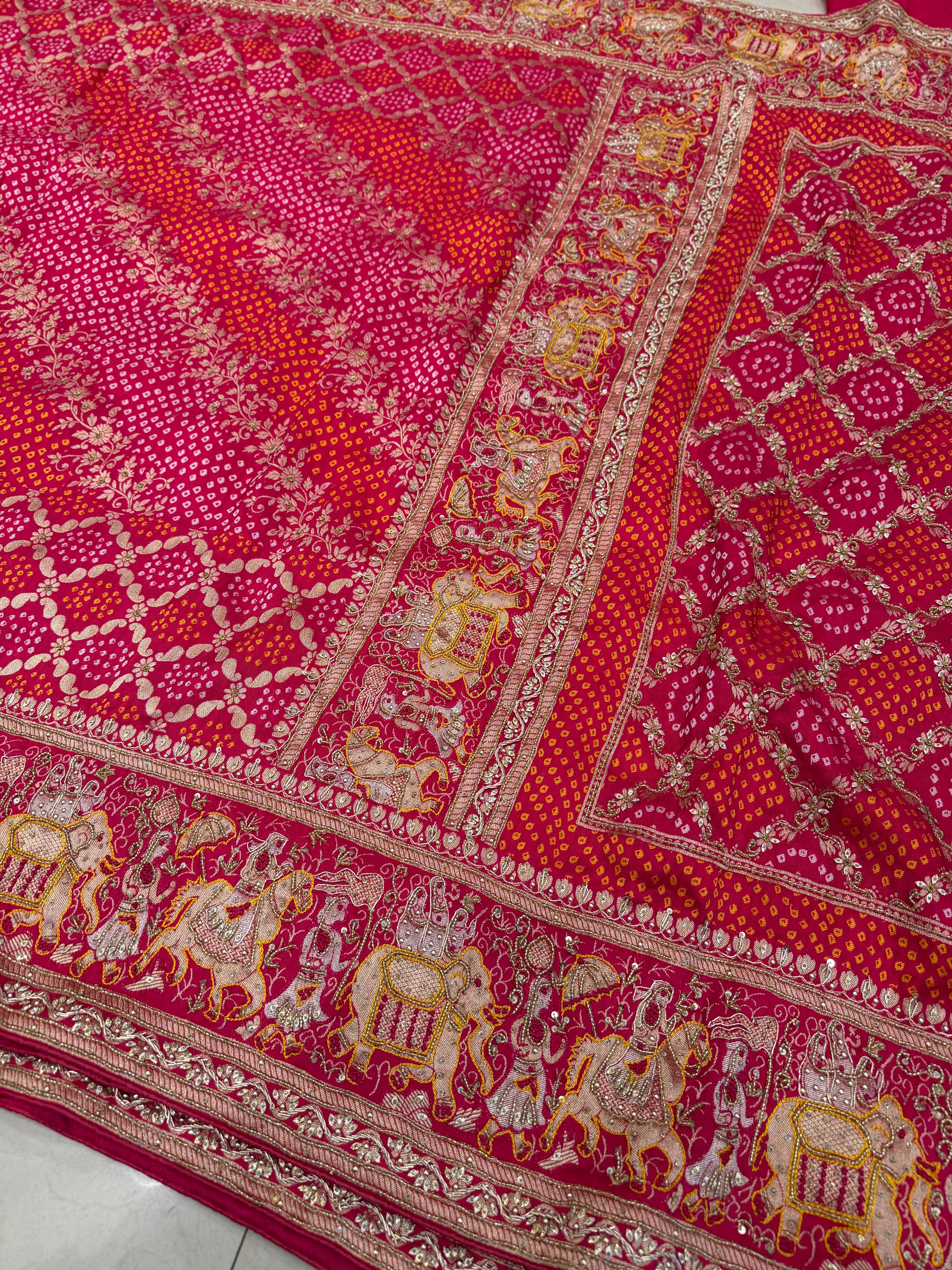 Rani Woven Bandhej Doli Edit Zardosi Hand Embroidery Banarasi Munga Saree