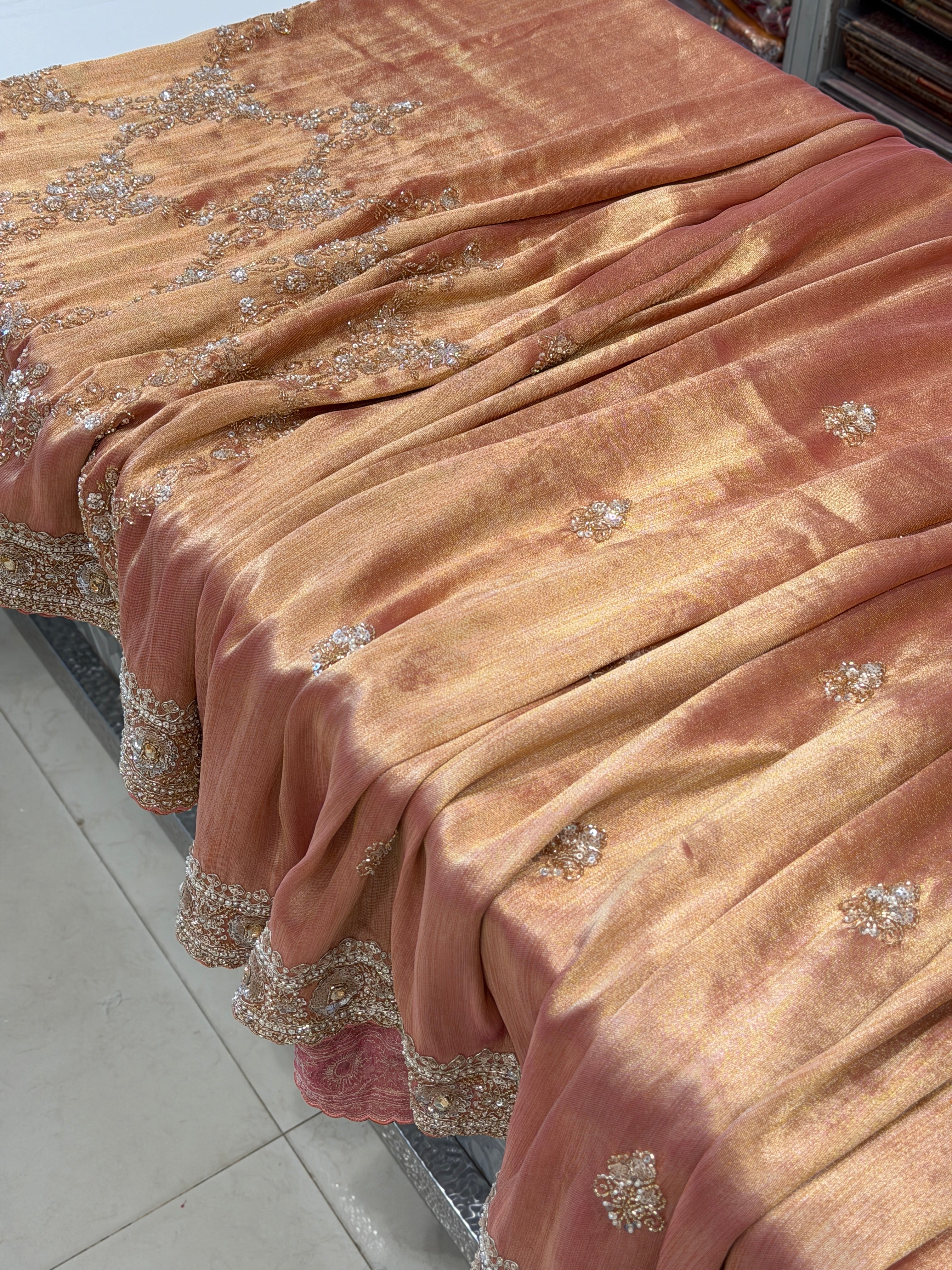 Pink Tissue Half and Half Embroidery Butta Jaal Saree