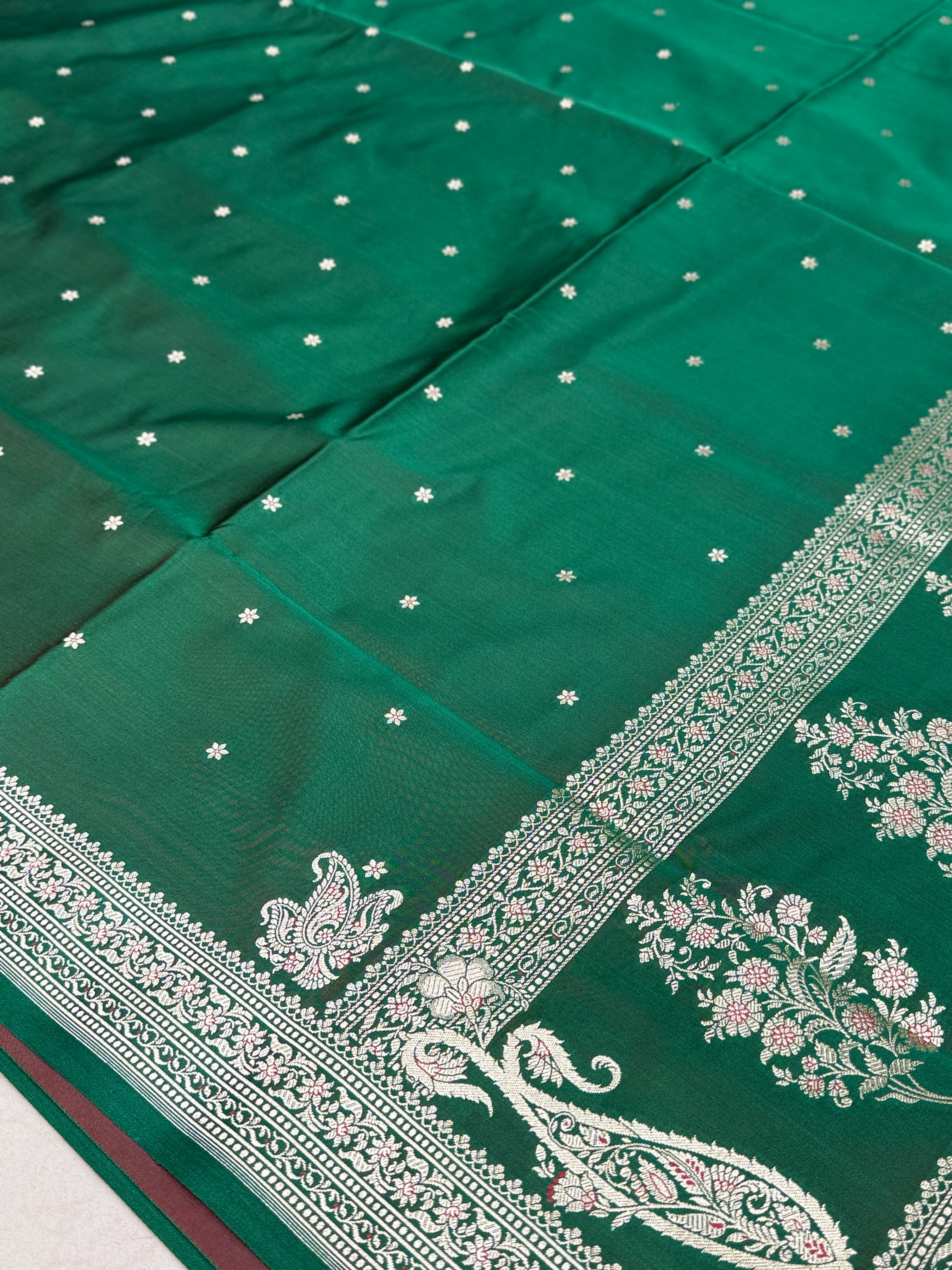 Bottle Green Banarasi Silk Star Butti Saree