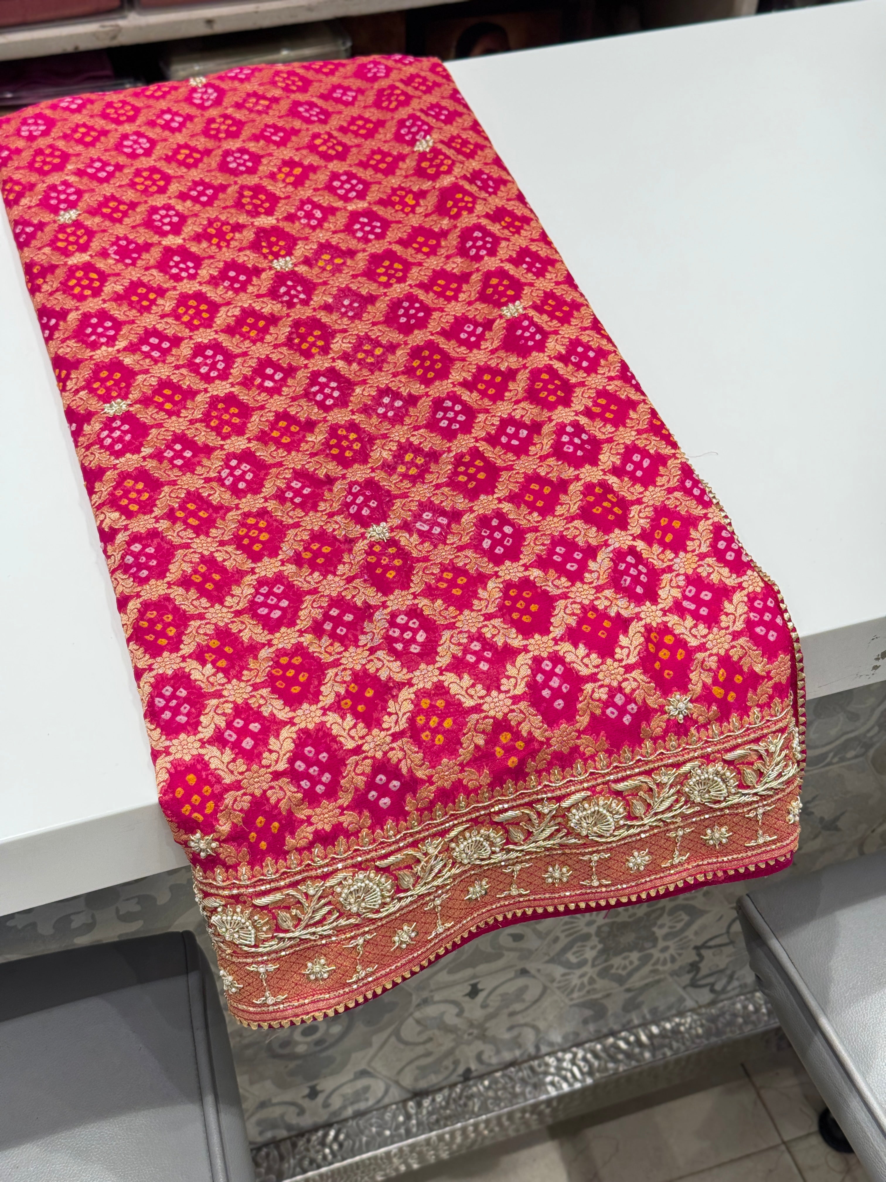 Rani Bandhej Zardosi Hand Embroidery Saree