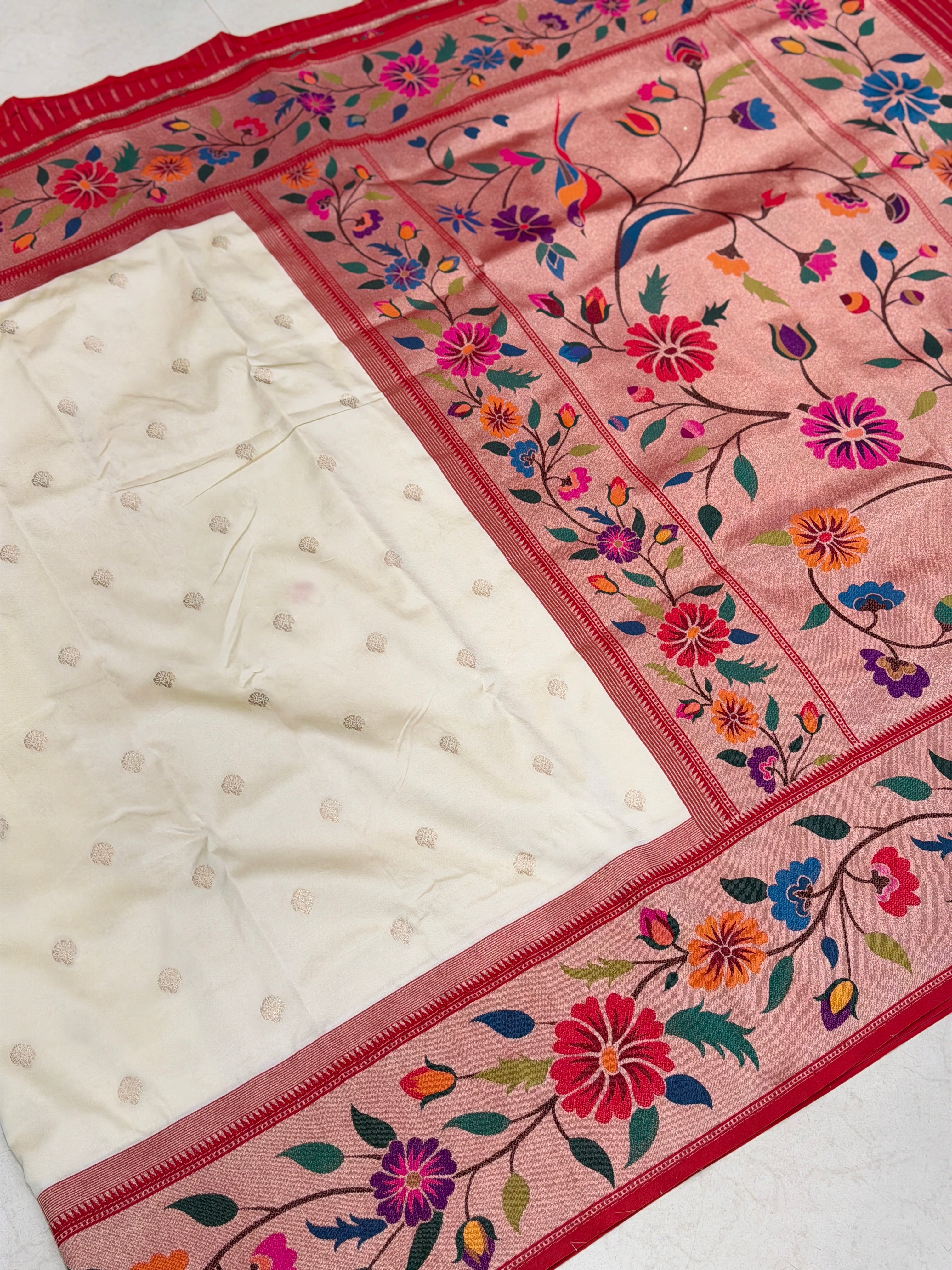 Moti White Floral Border Paithani Silk Saree