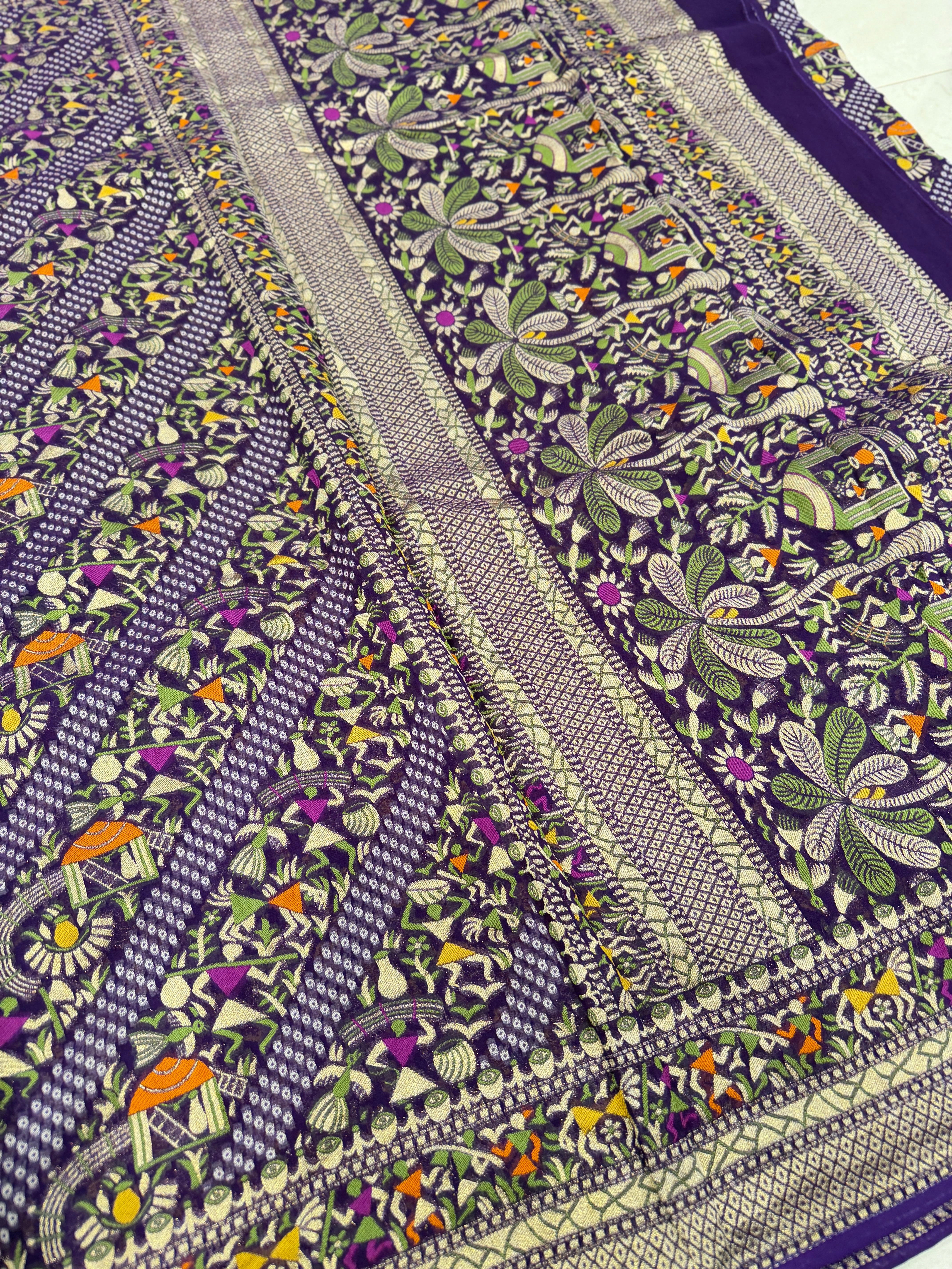 Violet Warli Style Woven Bandhej Georgette Saree
