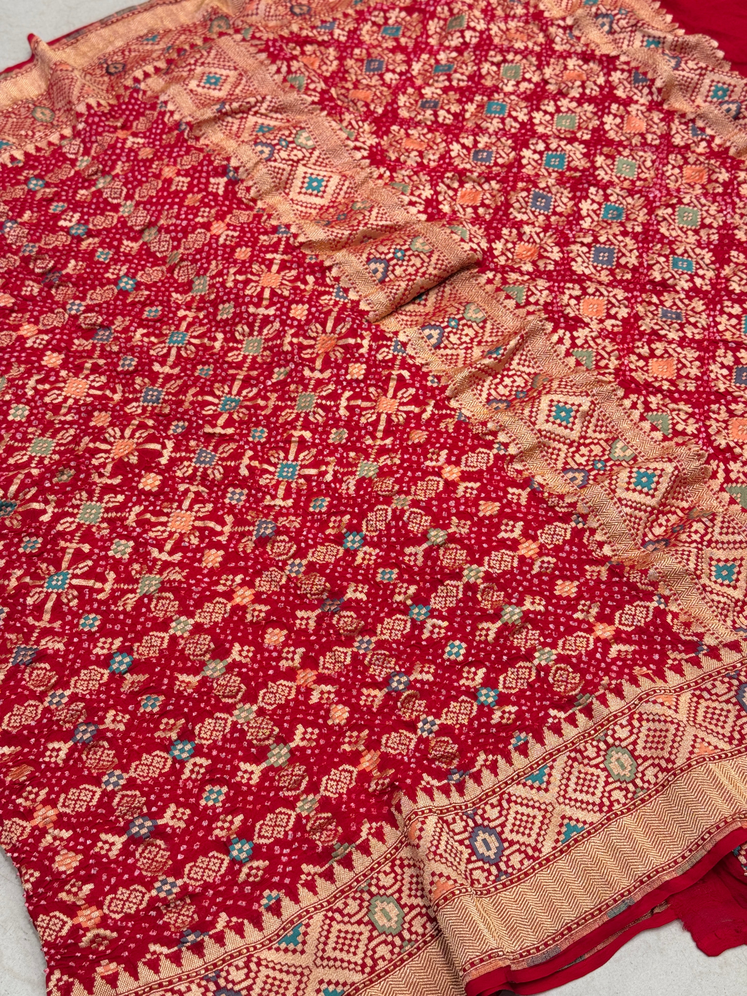 Red Bandhej Meenakari Bandhej Patola Weave Saree