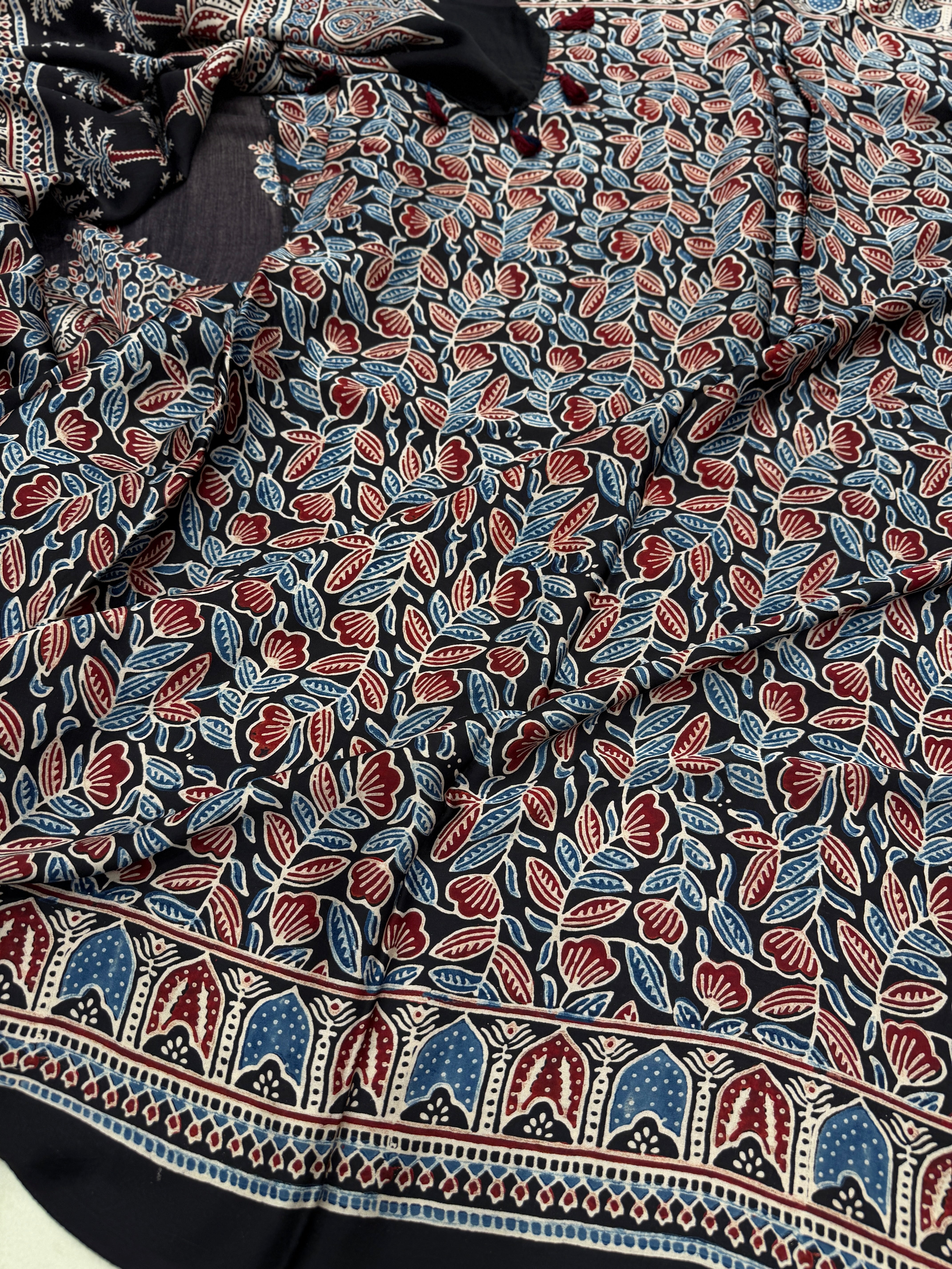 Cherry Blossom Butta Ajrakh Hand Block Print Pure Modal Silk Saree