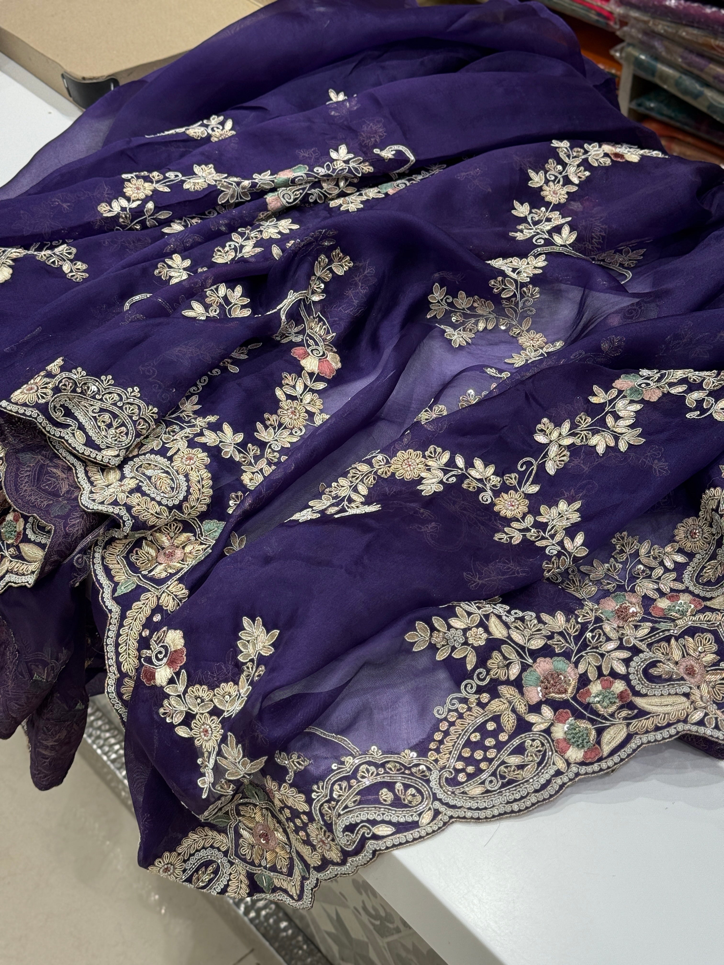 Violet Handloom Organza Zardosi Embroidery Saree