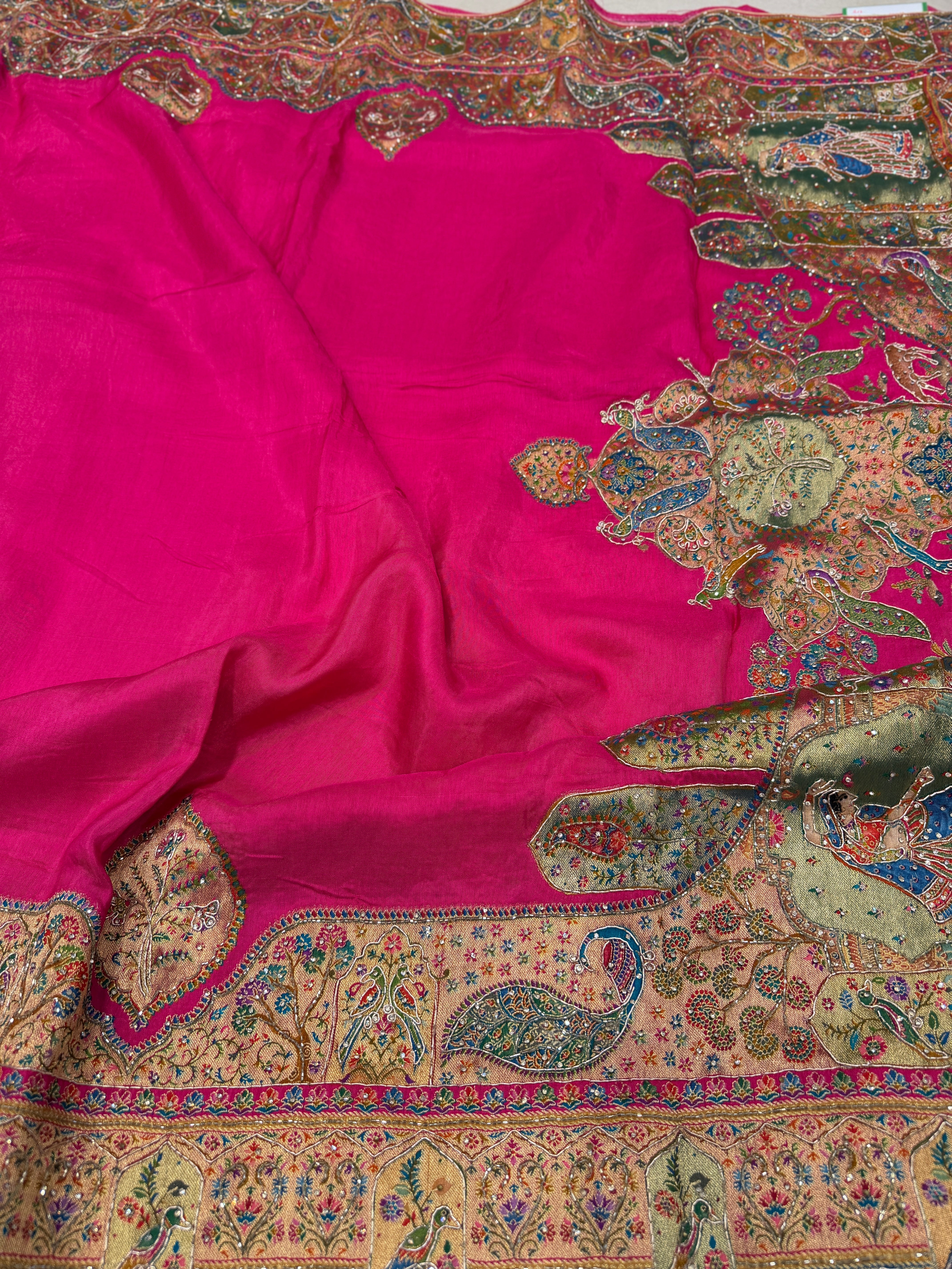 Rani Pashmina Plain Body Hand Embroidery Zardosi Border Saree