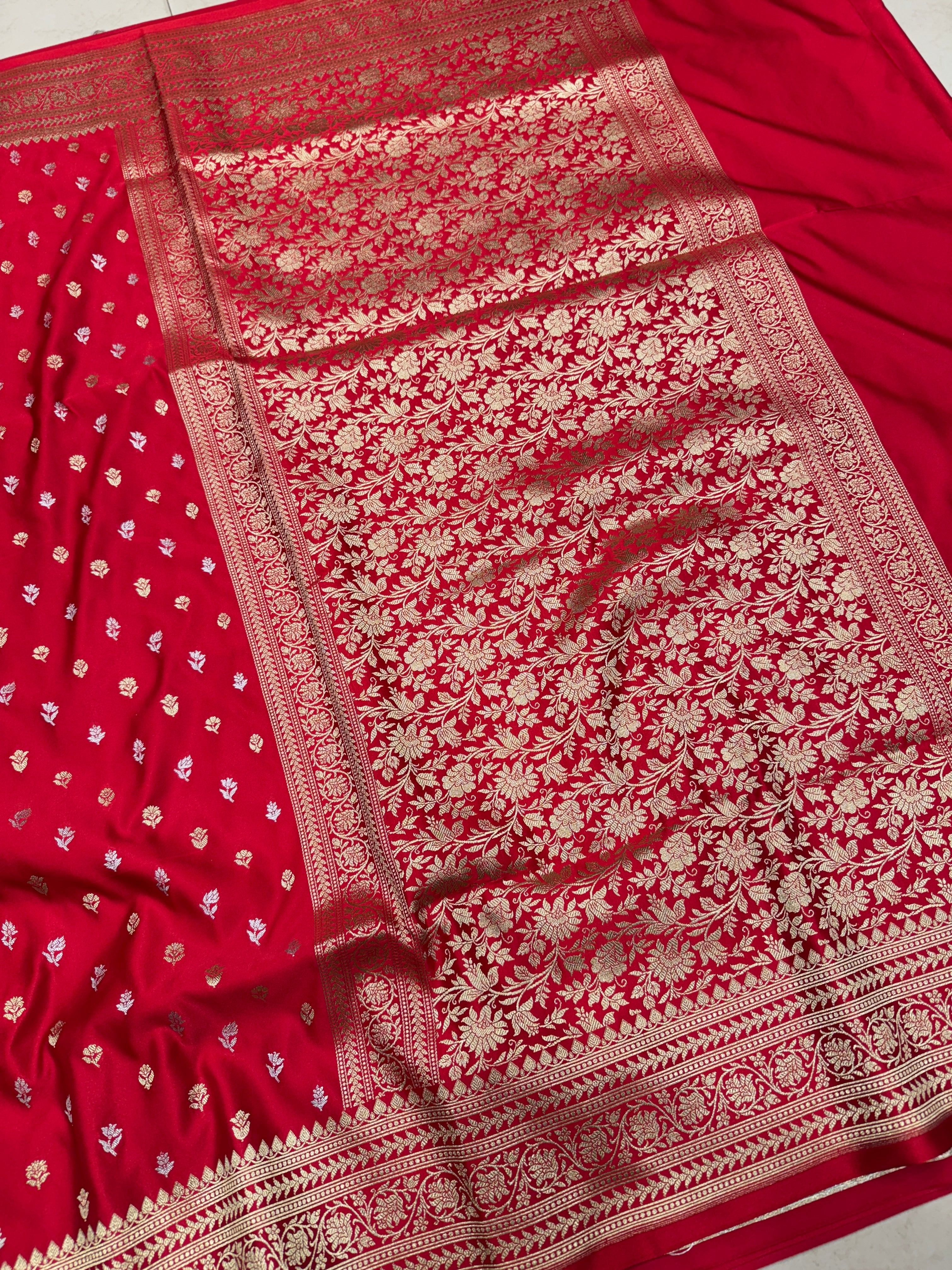 Red Sona Roopa Floral Butti Banarasi Silk Saree