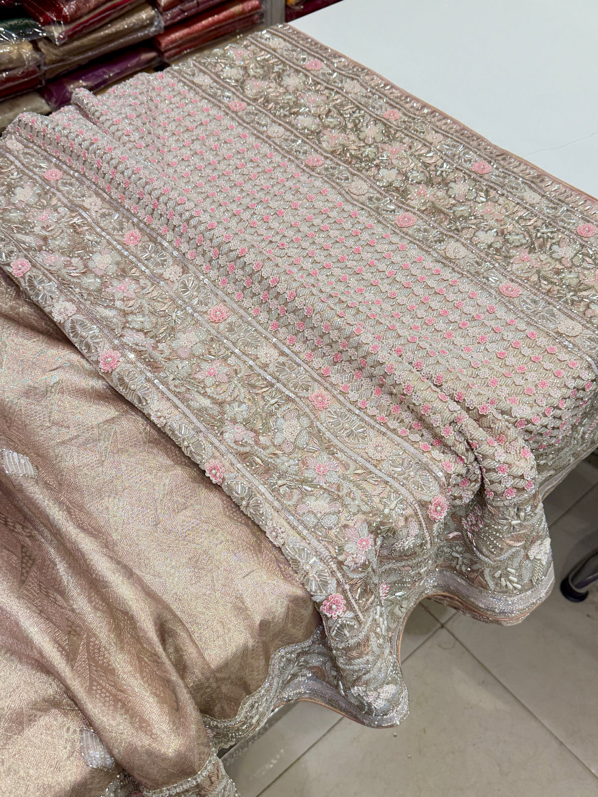 Nude Peachish Pink Silver Kanjivaram Three Zari Hand Embroidery Zardosi Moti Sequin Saree