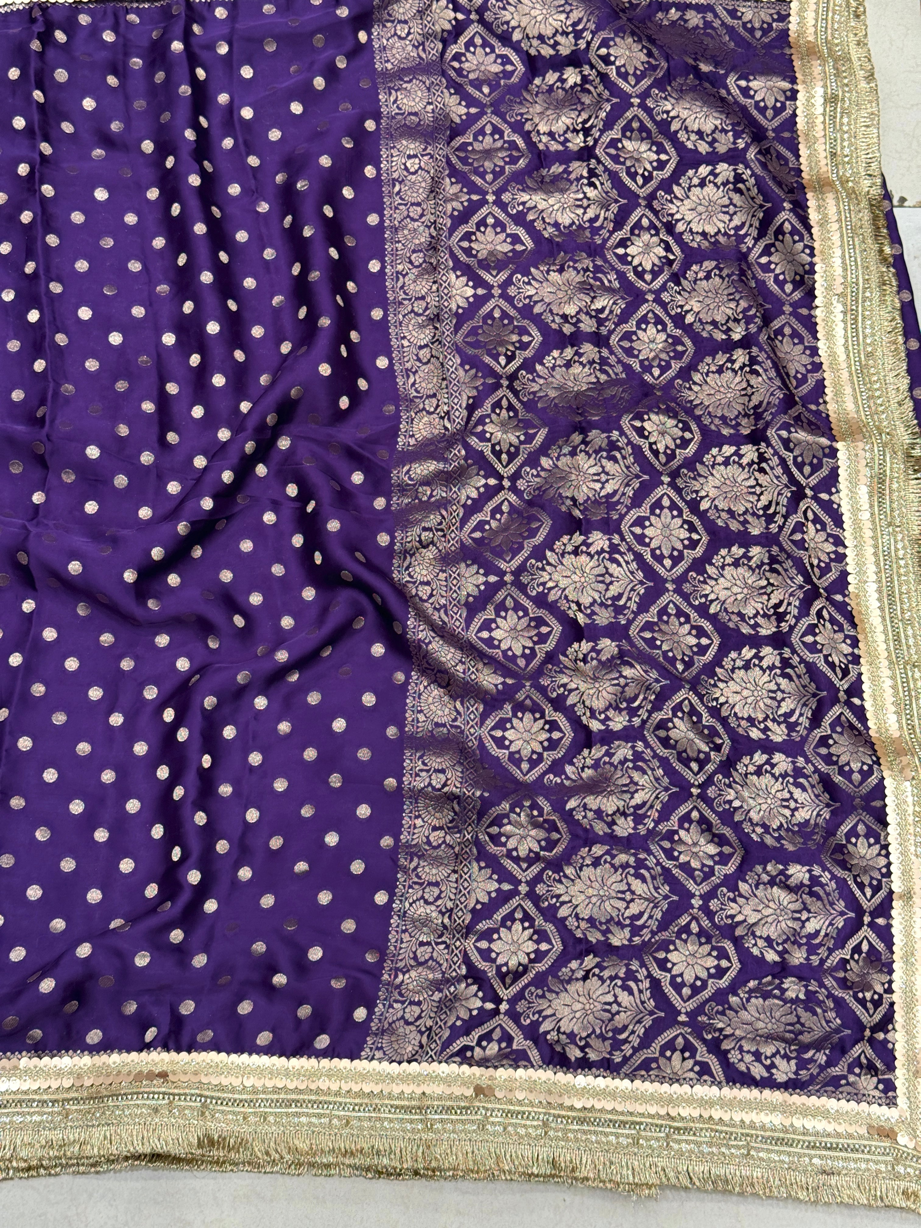 Violet Polka Dot Satin Silk Maharani Lace Saree