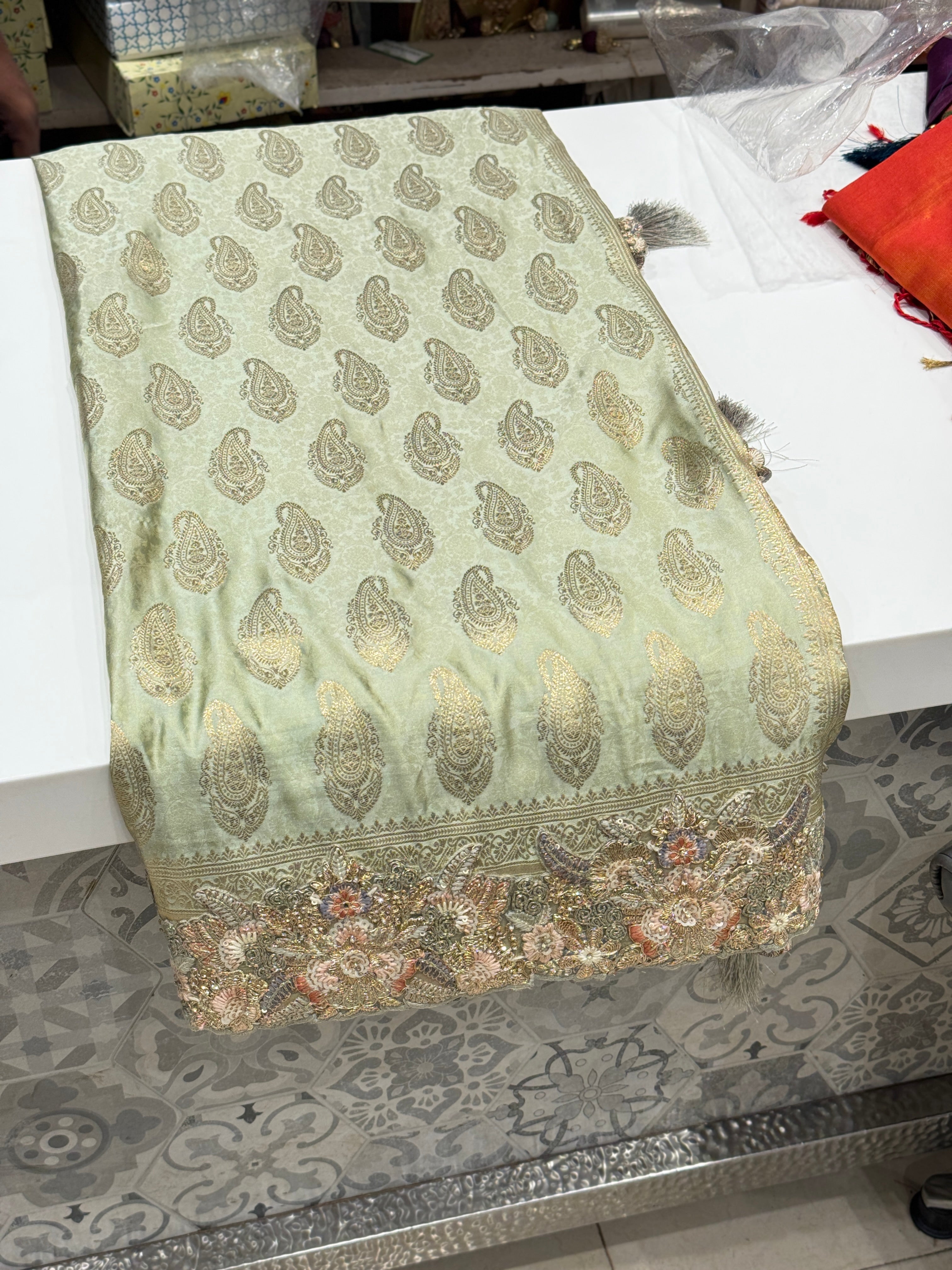 Pista Banarasi Resham Zari Embroidery Saree