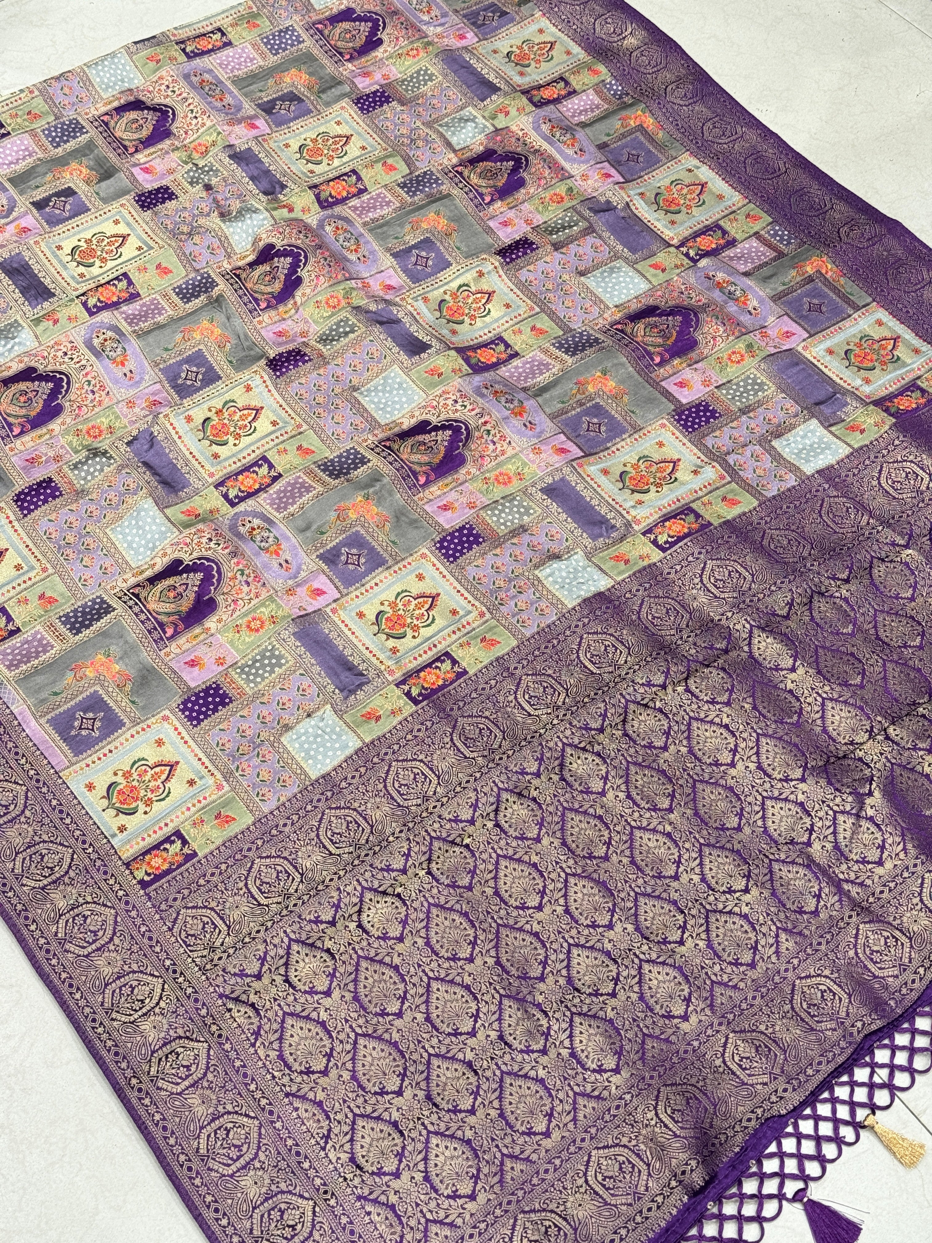 Violet Banarasi Modal Rangkat Satin Checkered Temple Silk Saree