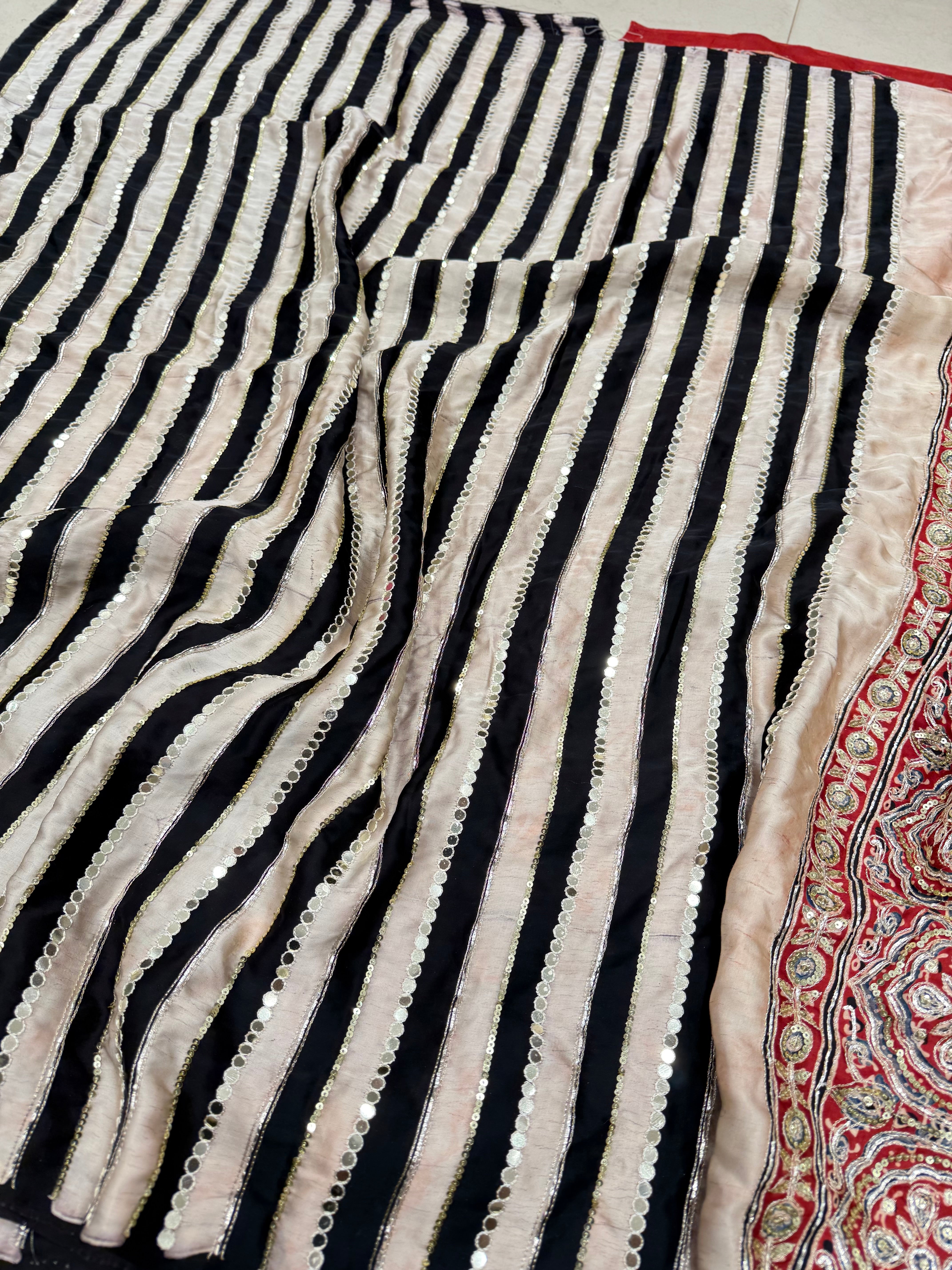 Black White Contemporary Mirror Ajrakh Hand Embroidery Saree