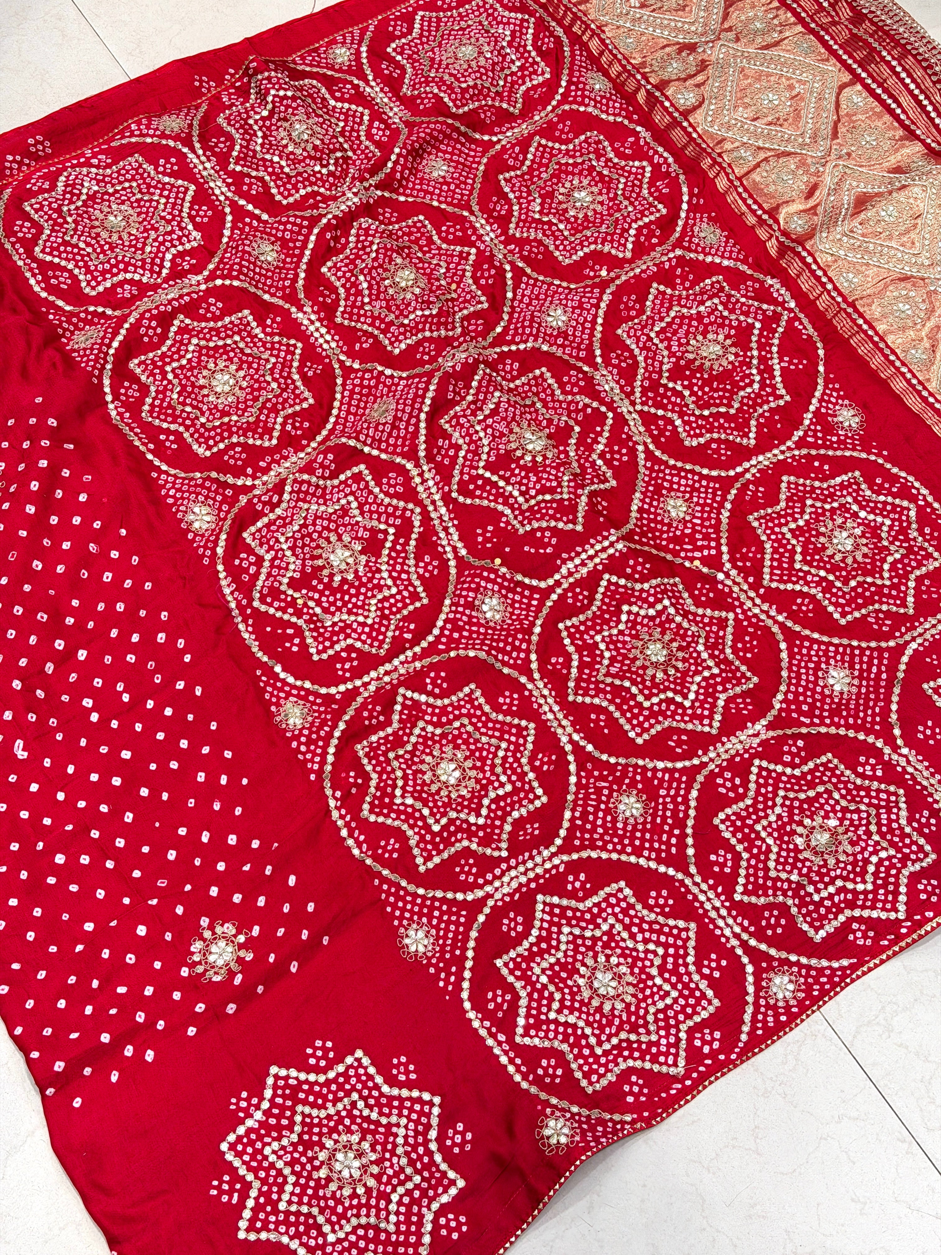 Red Gajji Silk Rai Bandhej Marodi Hand Embroidery Dabka Saree