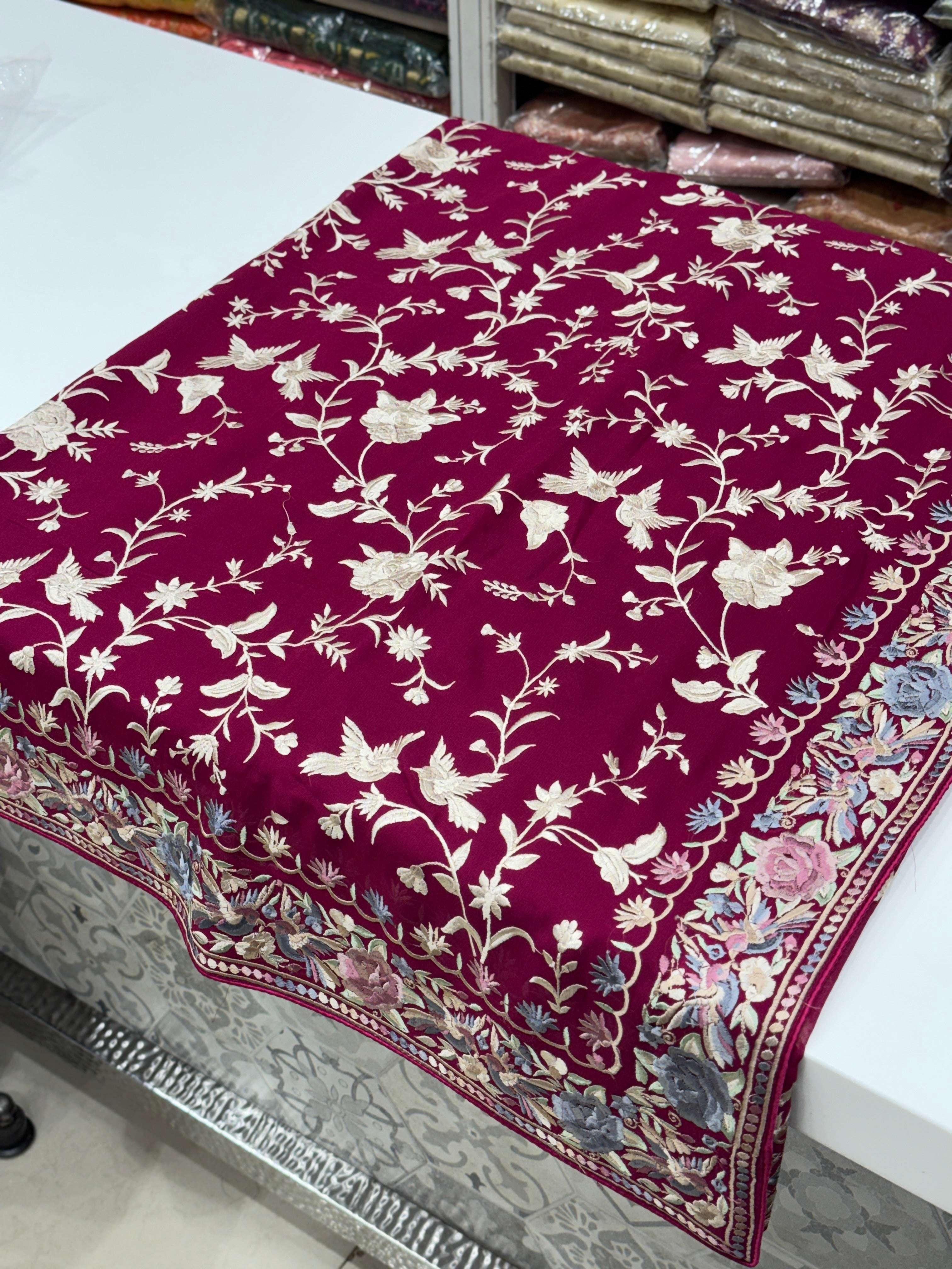 Cross Wine Persian Jaal Loving Birds Parsi Gara Saree