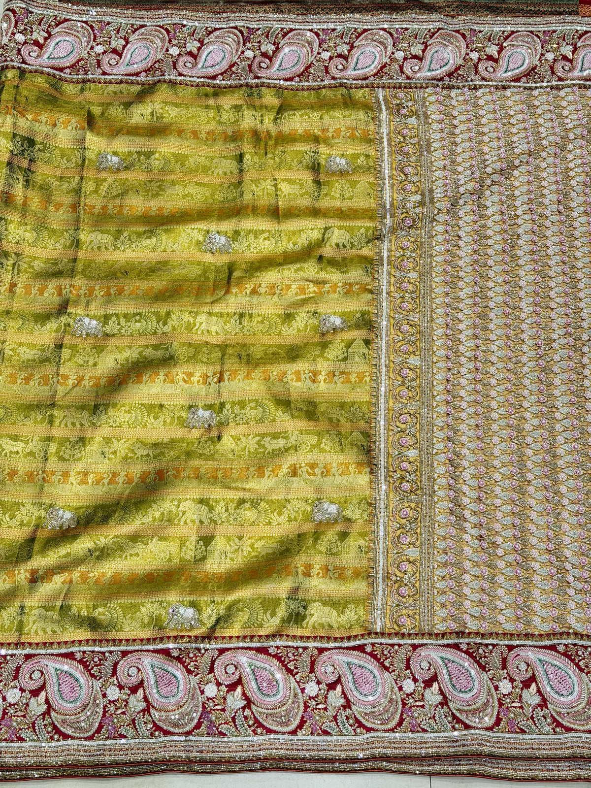 Green Meenakari Tissue Kanjivaram Zardosi Moti Hand Embroidery Saree