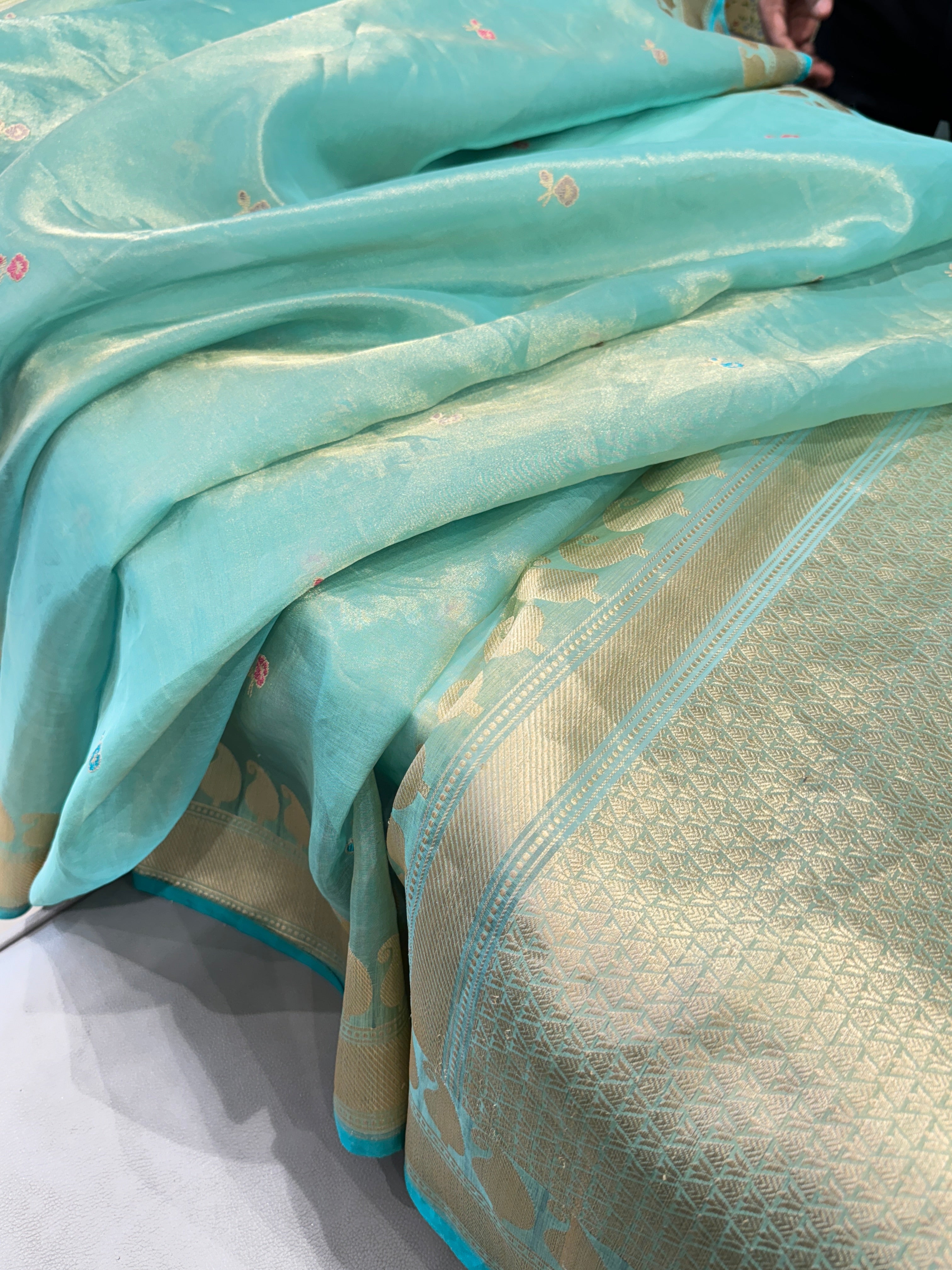 Sea Green Meena Handloom Banarasi Tissue Kadwa Saree