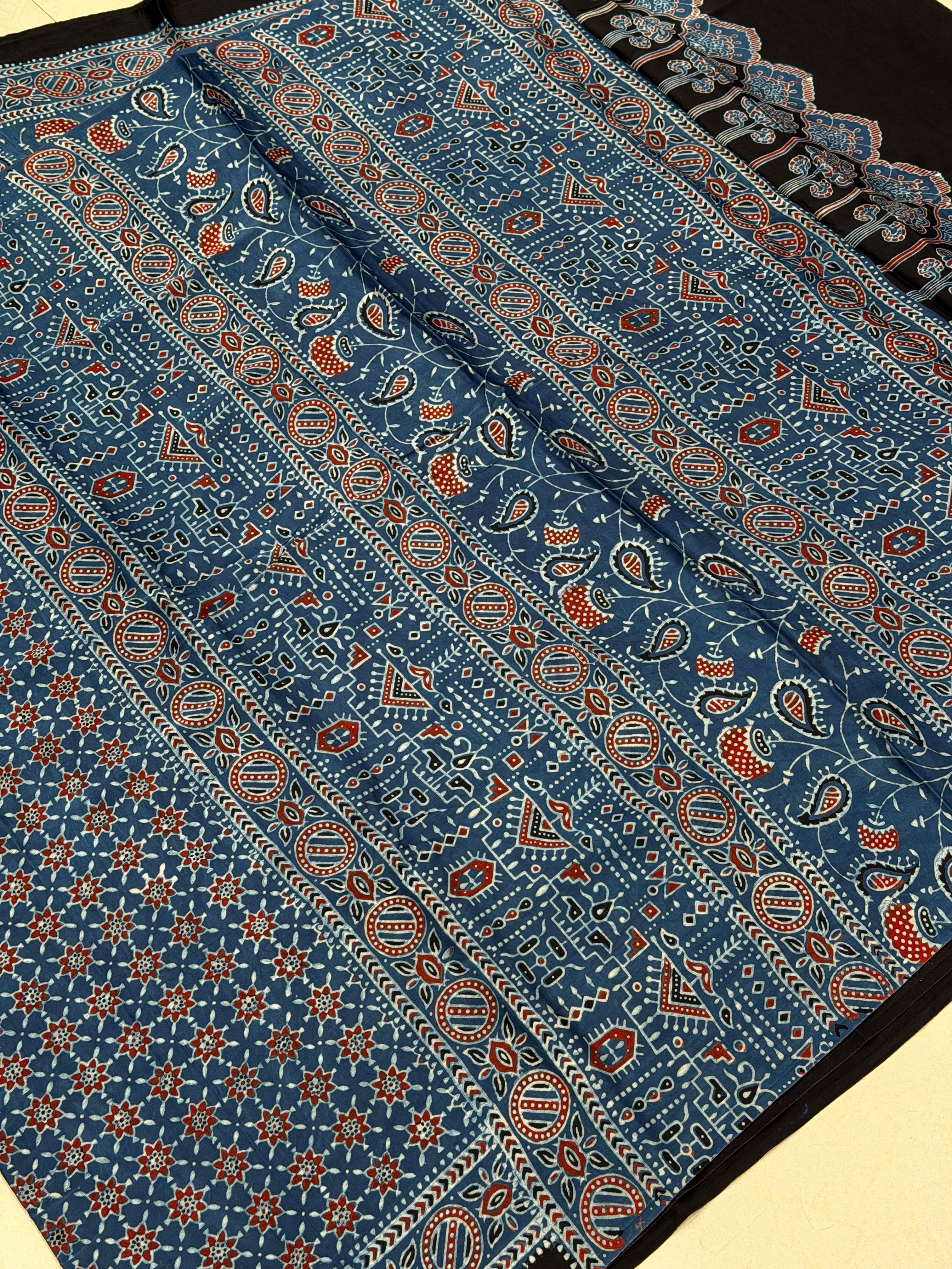 Blue Star Butti Ajrakh Hand Block Print Pure Modal Silk Saree