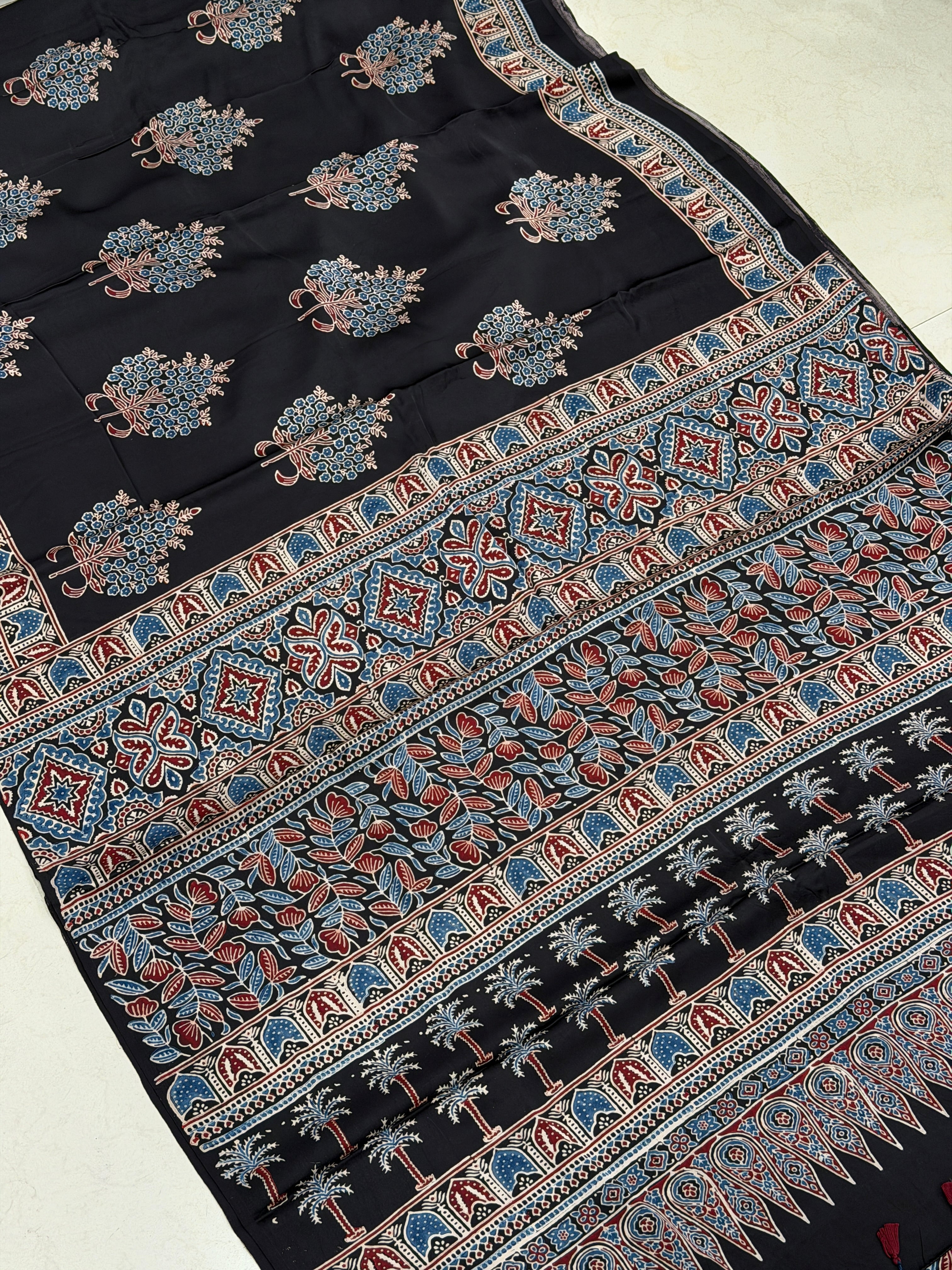 Cherry Blossom Butta Ajrakh Hand Block Print Pure Modal Silk Saree