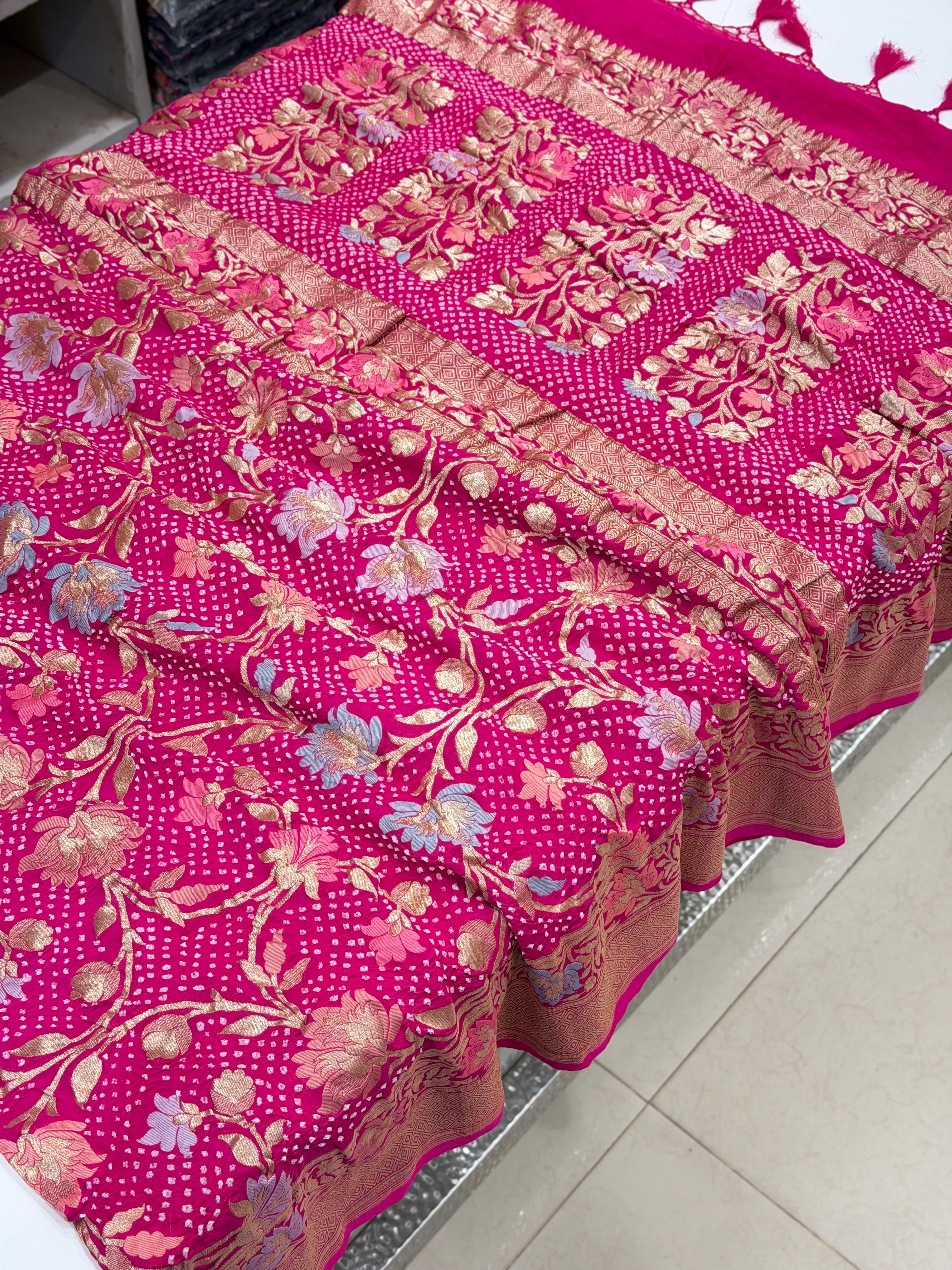 Rani Pink Jaal Meenakari Handloom Banarasi Georgette Rai Bandhej Saree