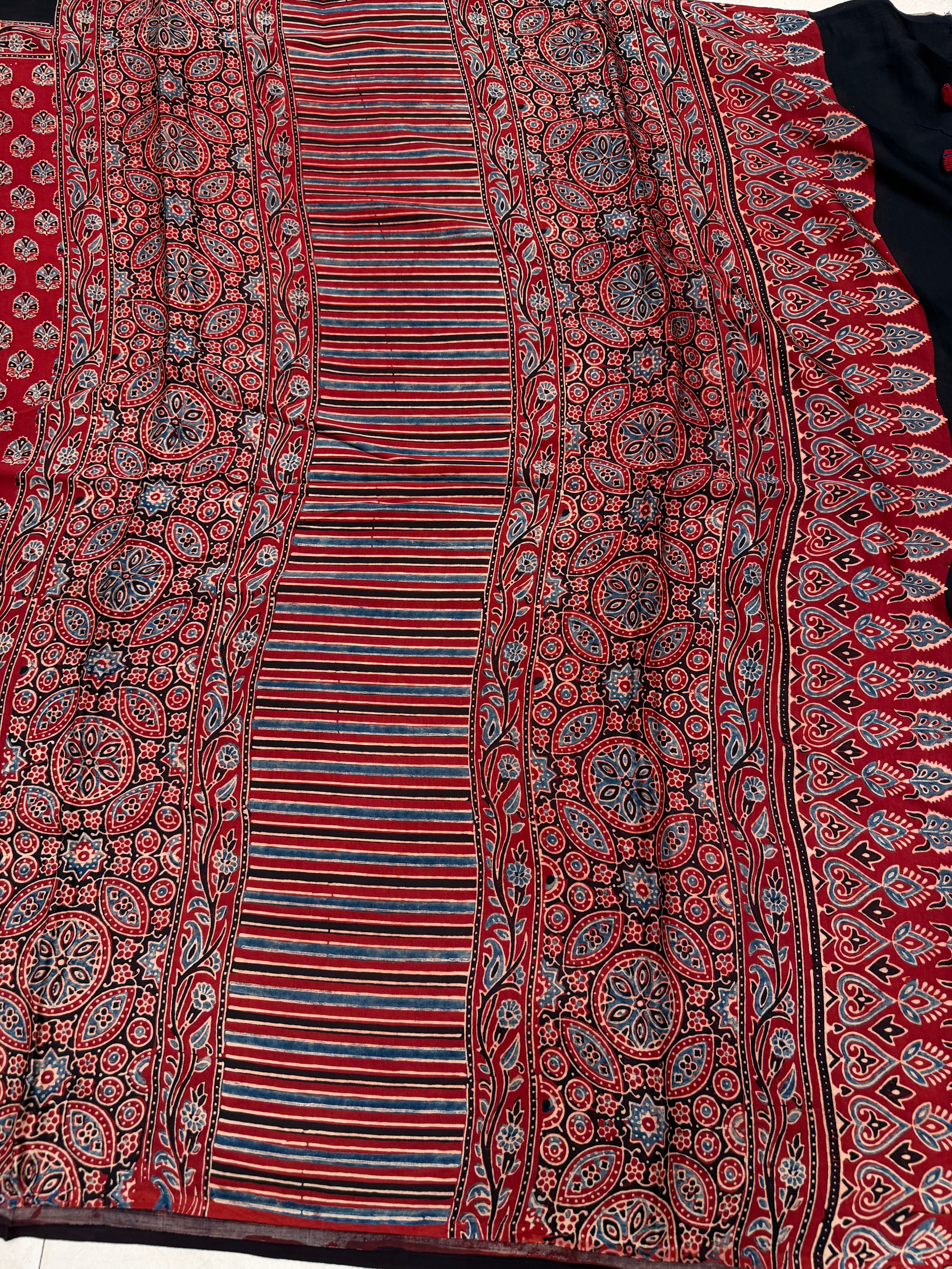 Red Keri Buttas Ajrakh Block Print Hand Pure Gajji Silk Saree