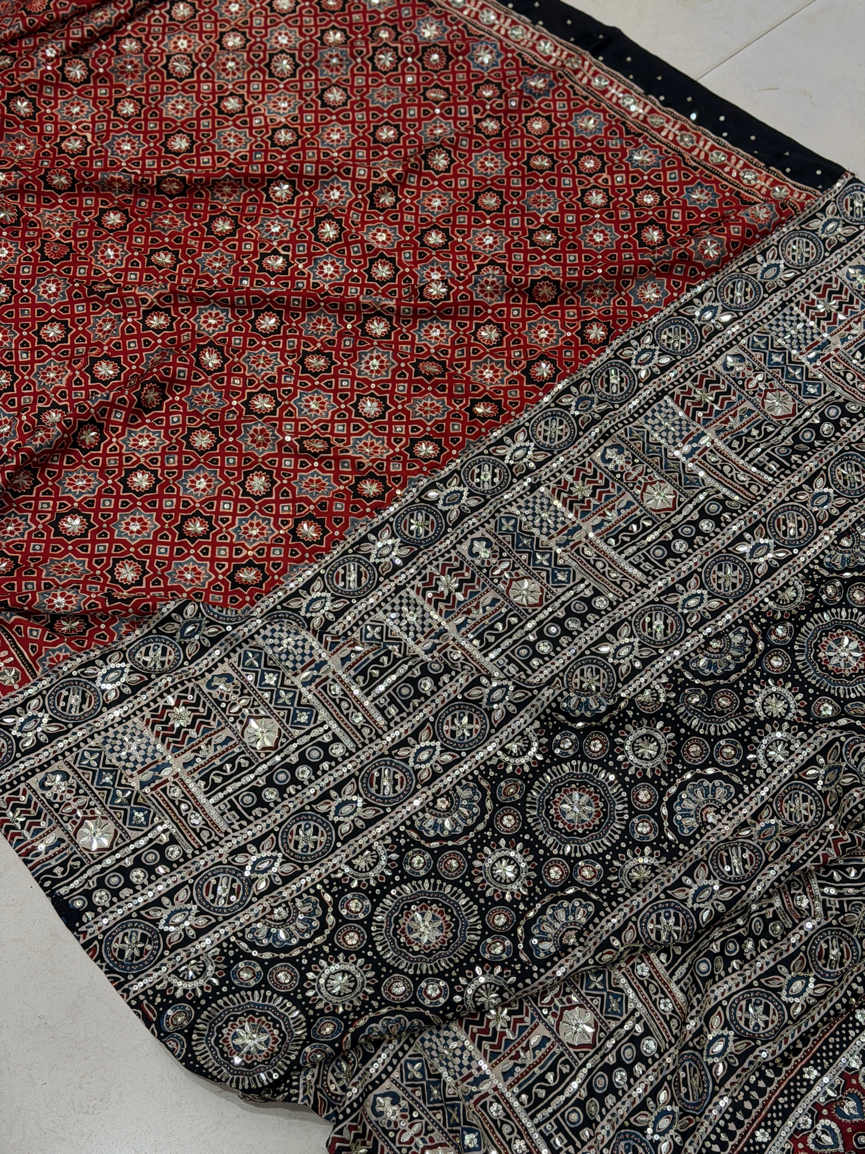 Red Black Jaal Ajrakh Sequin Moti Hand Embroidery Saree