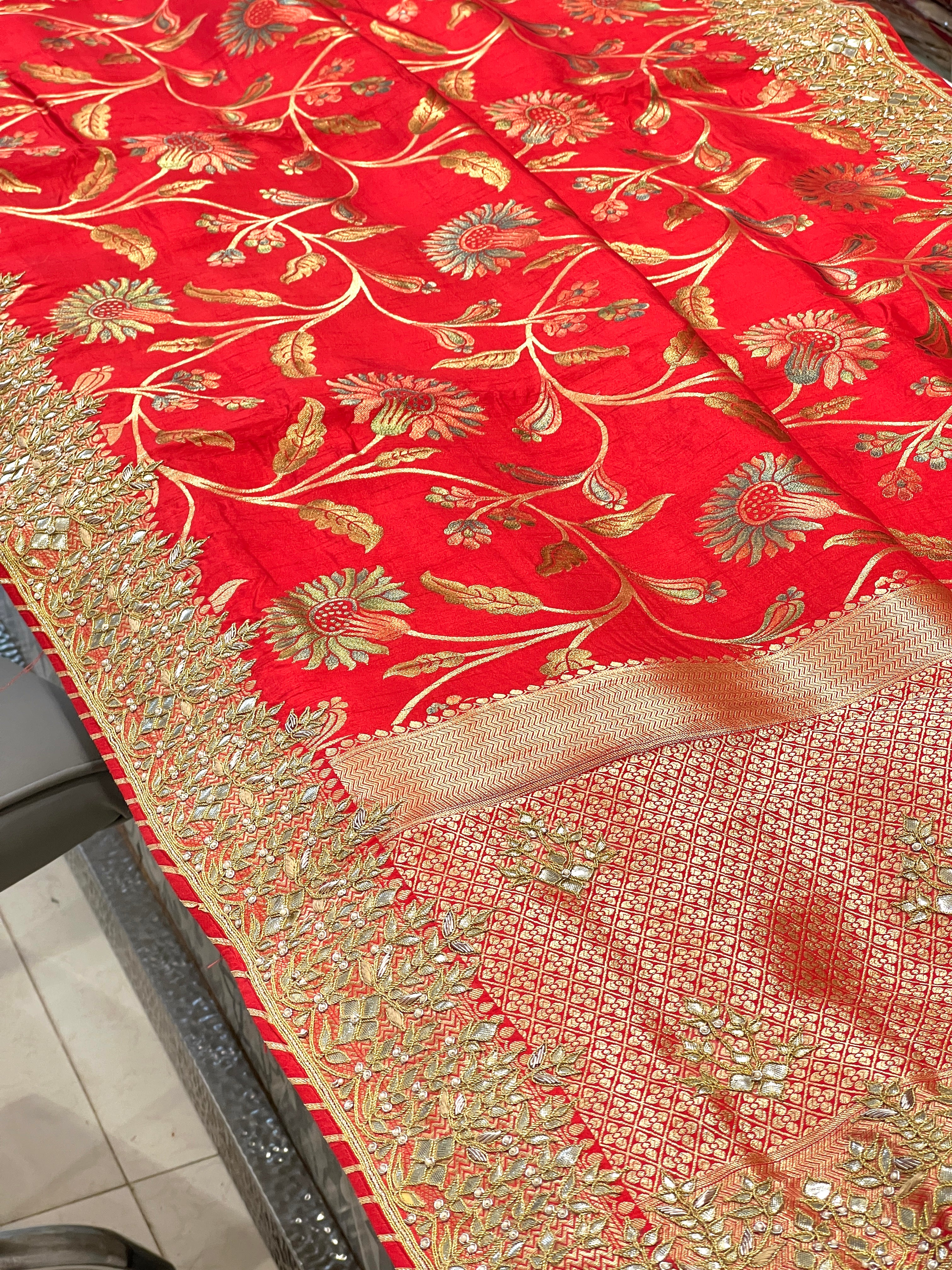 Red Munga Silk Hand Done Gotapatti Saree