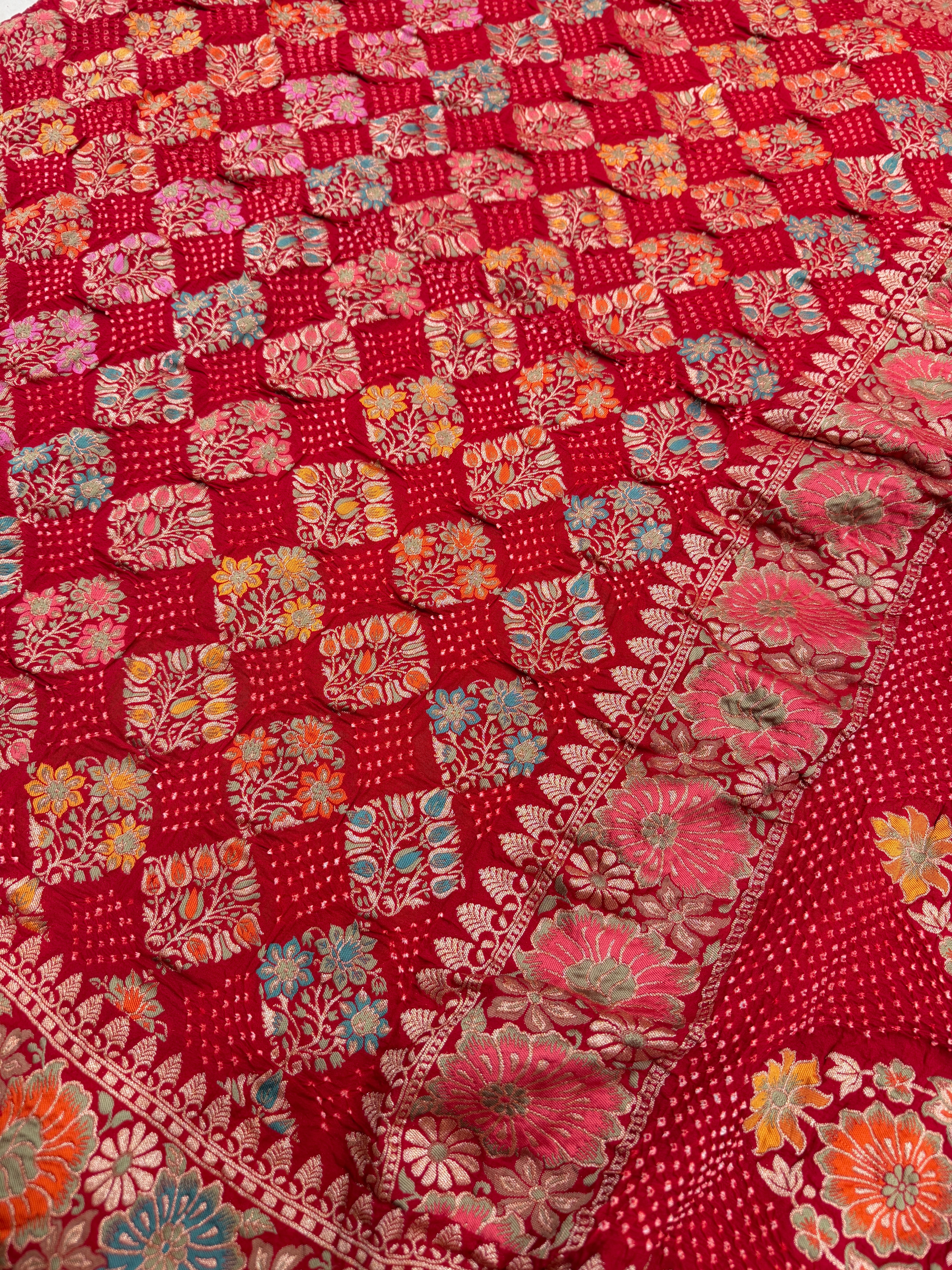 Red Meenakari Floral Butta Rai Bandhej Bandhini Saree