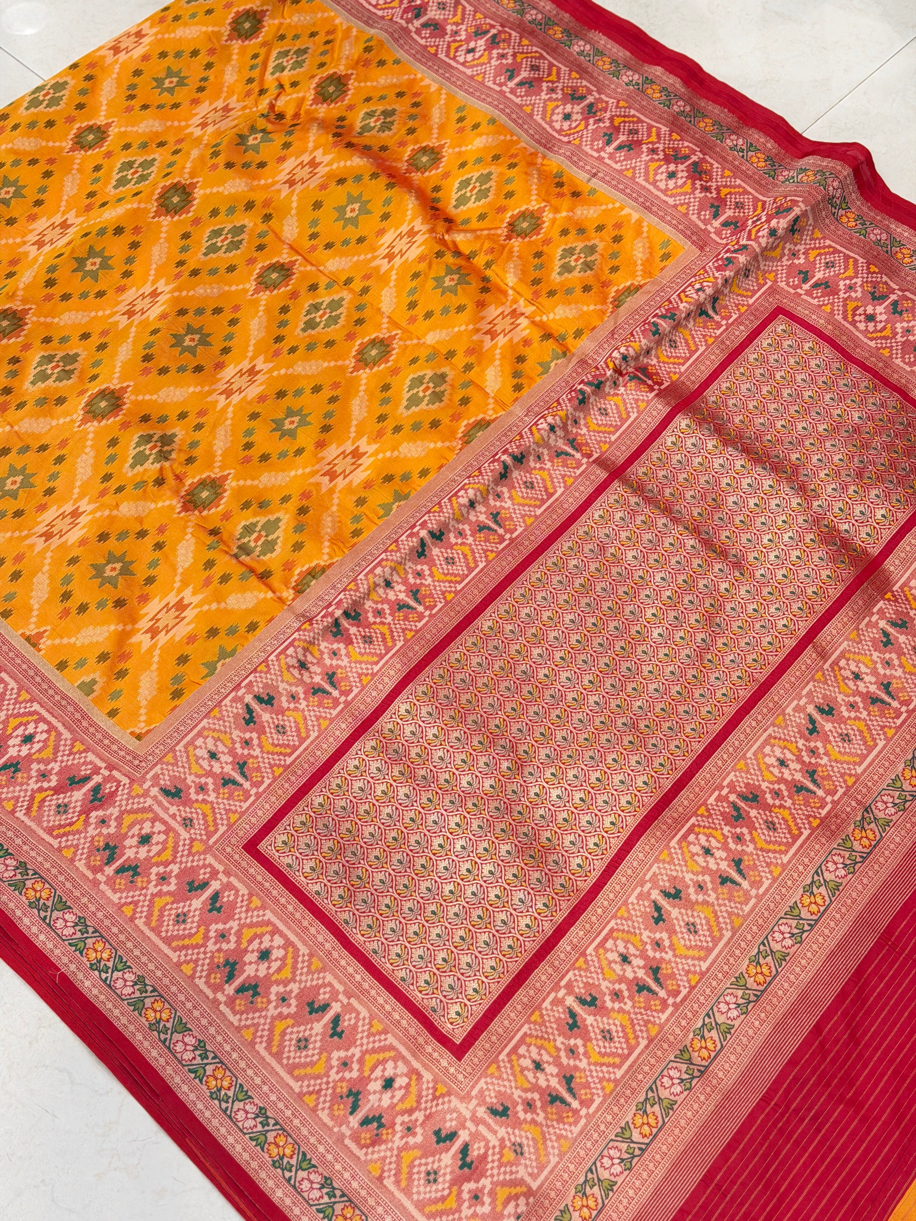 Mustard Ikat Patola Banarasi Weaved Jaal Saree