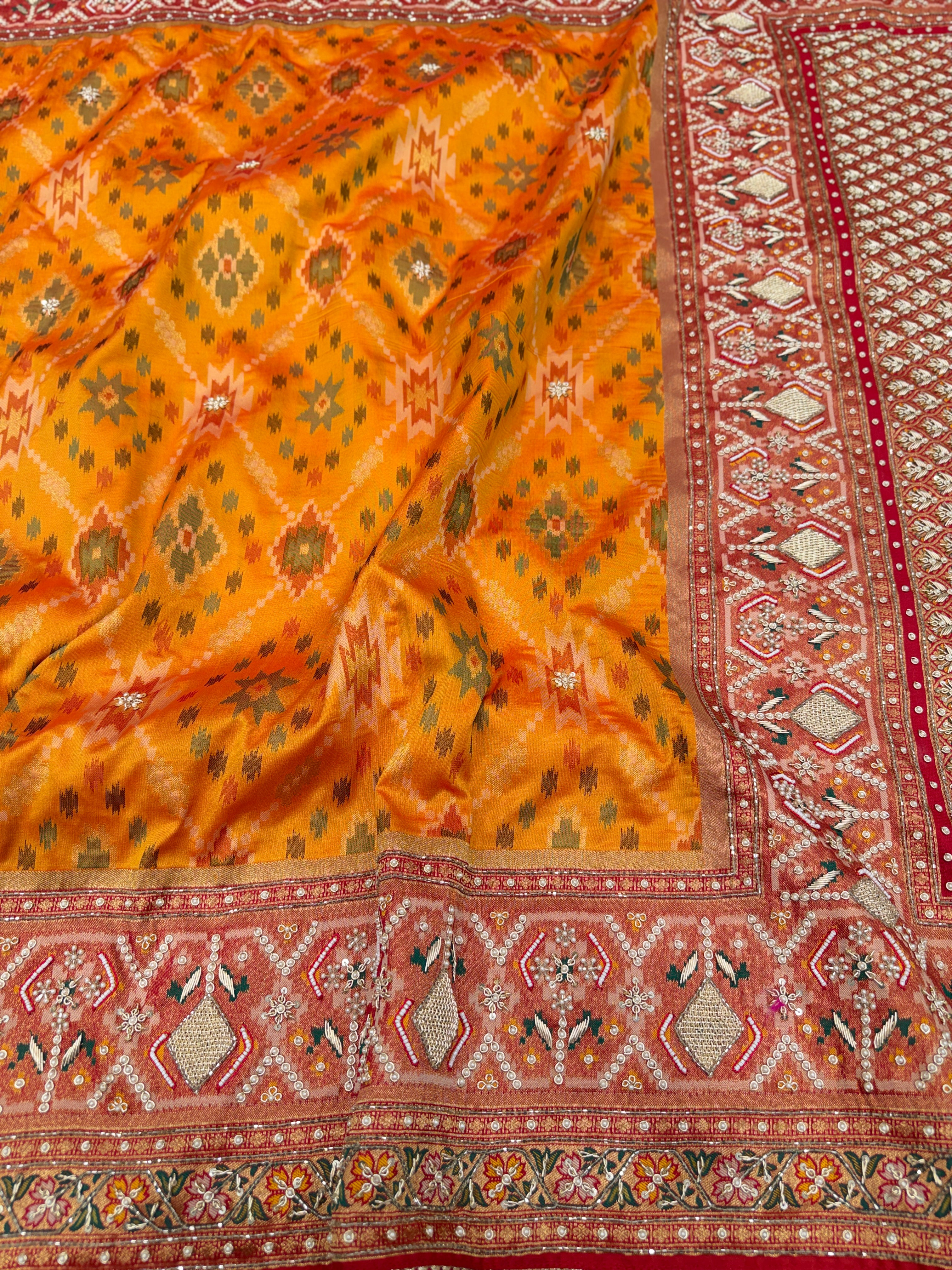 Rust Orange Big Jaal Patola Zardosi Hand Embroidery Saree
