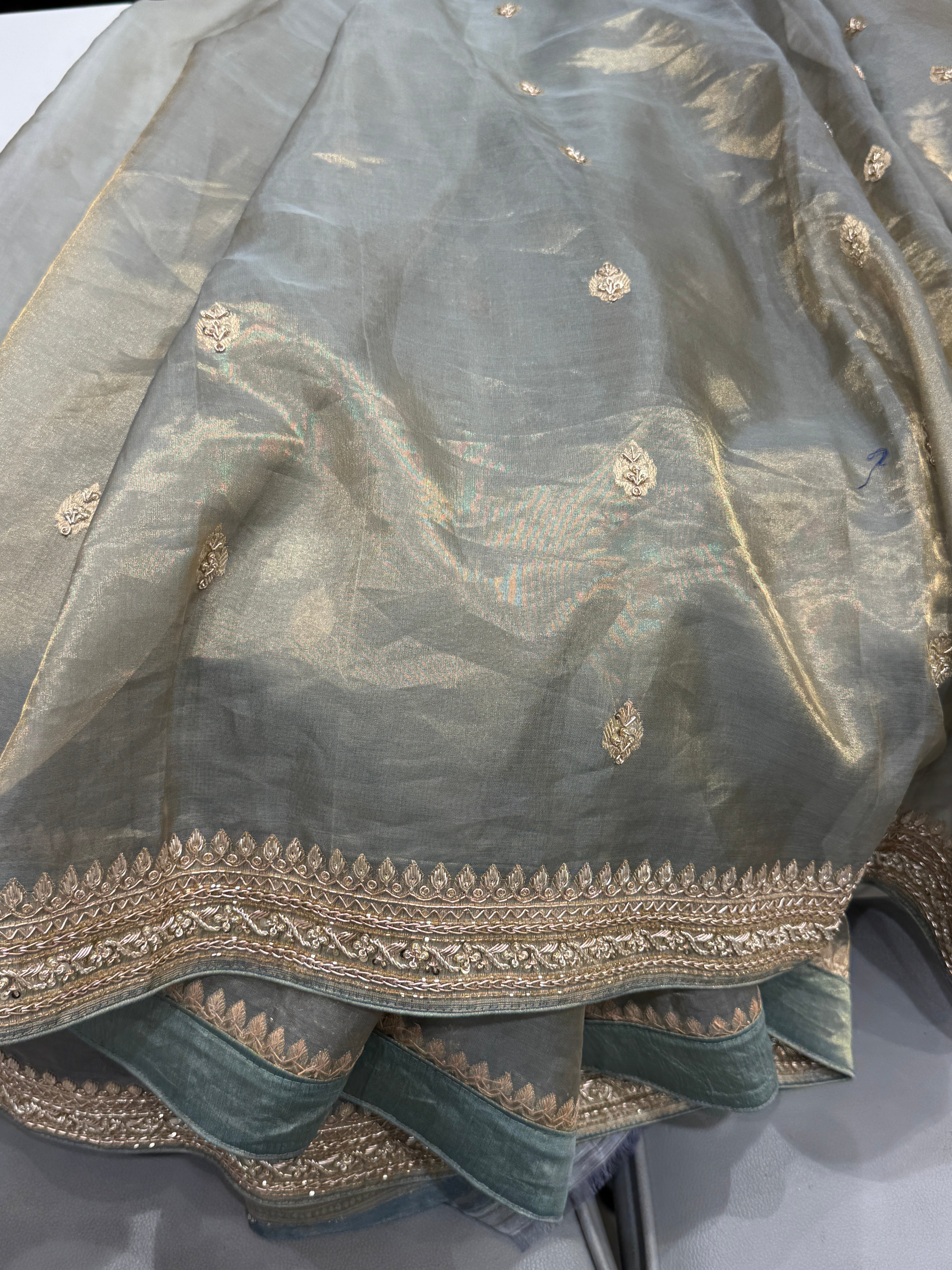 Cement Grey Banarasi Tissue Kadwa Buttas Zardosi Hand Embroidery Saree