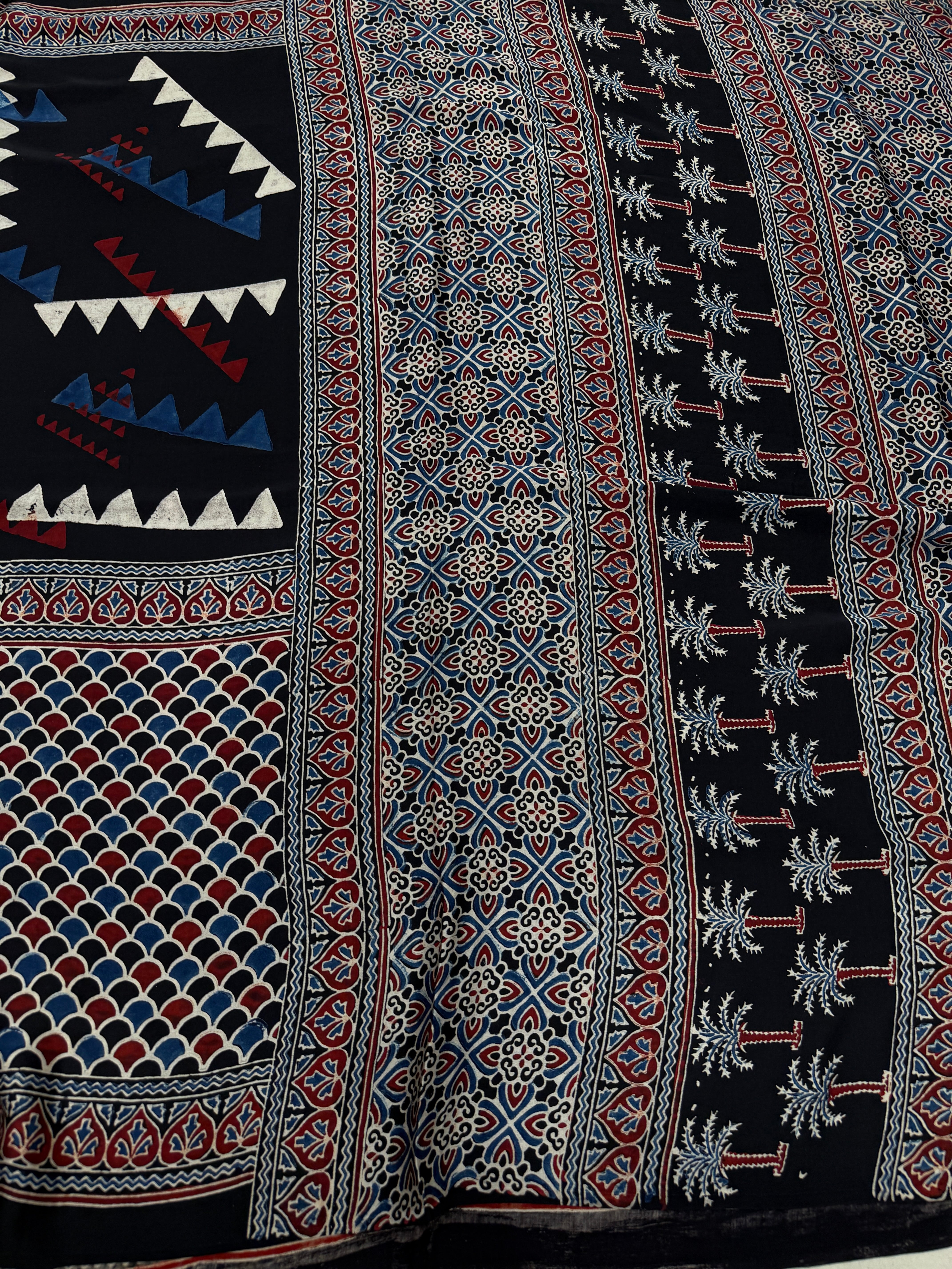 Black Contemporary Ajrakh Block Print Hand Pure Gajji Silk Saree