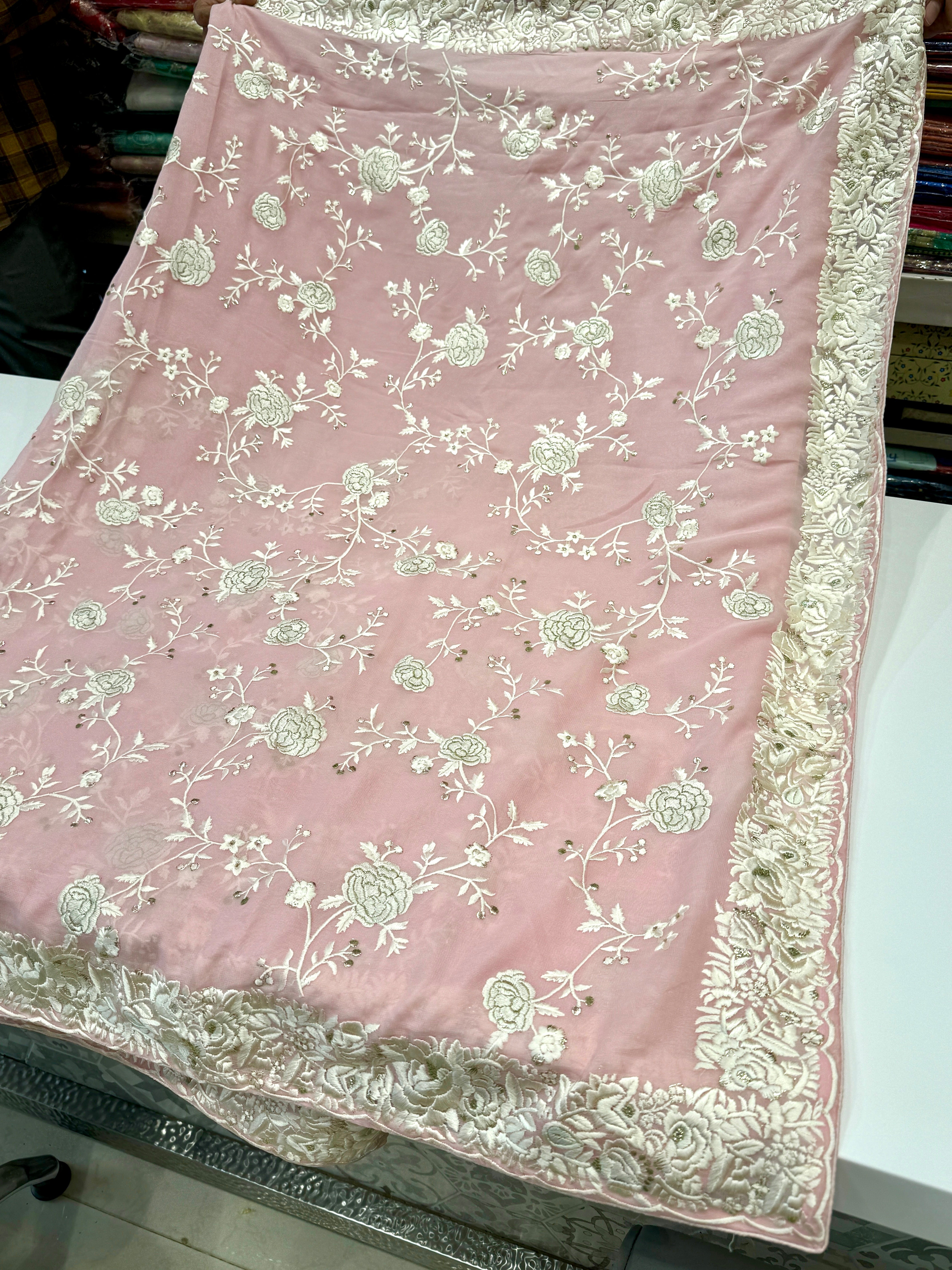 Pink Georgette Parsi Gara with Floral Embroidery