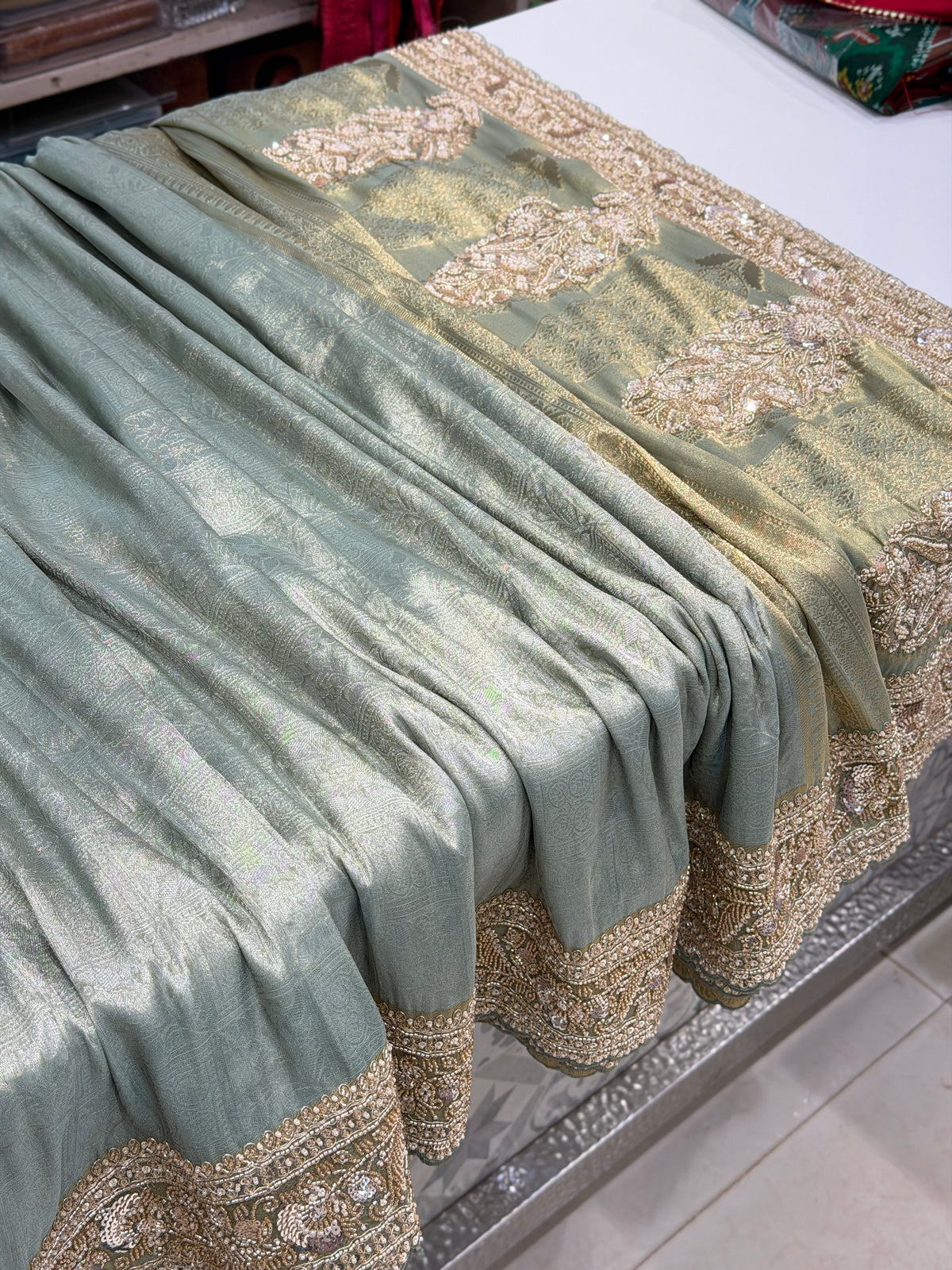 Sea Green Woven Tissue Silk Moti Sequin Saree
