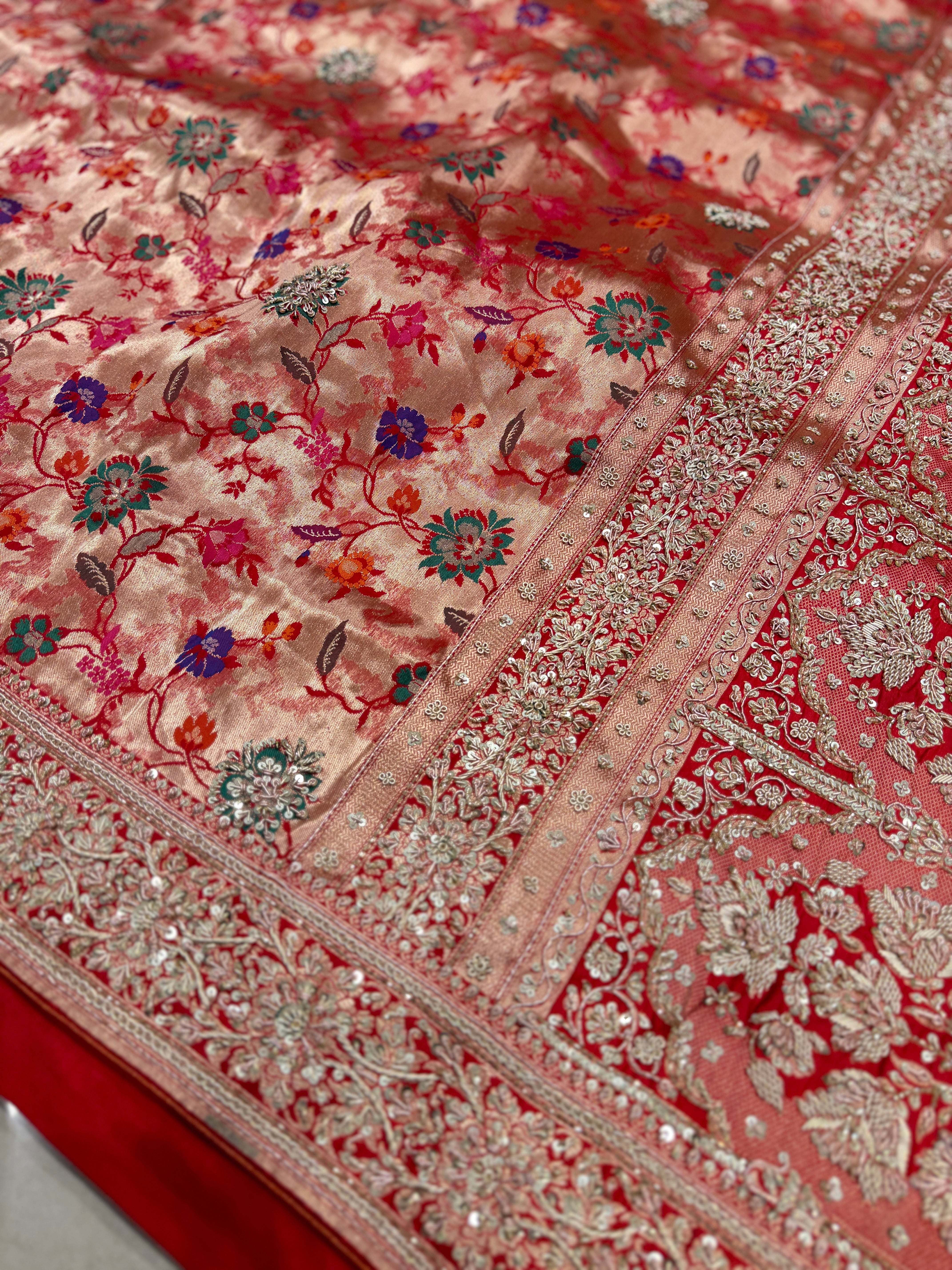 Banarasi Katan Tissue Meenakari Weave Zardosi Hand Embroidery Saree