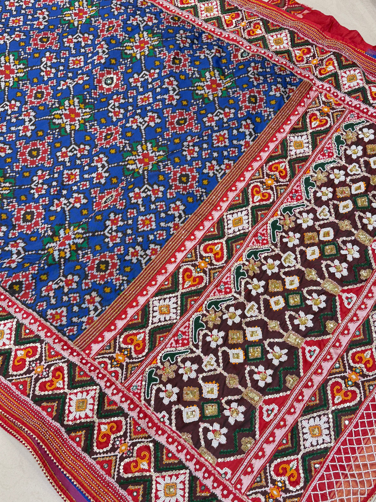 Blue Red Semi Silk Patola Kidiya Moti Hand Embroidery Saree